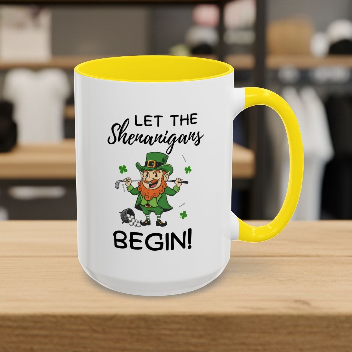 Let The Shenanigans Begin - Golf Mug - 15oz in Yellow