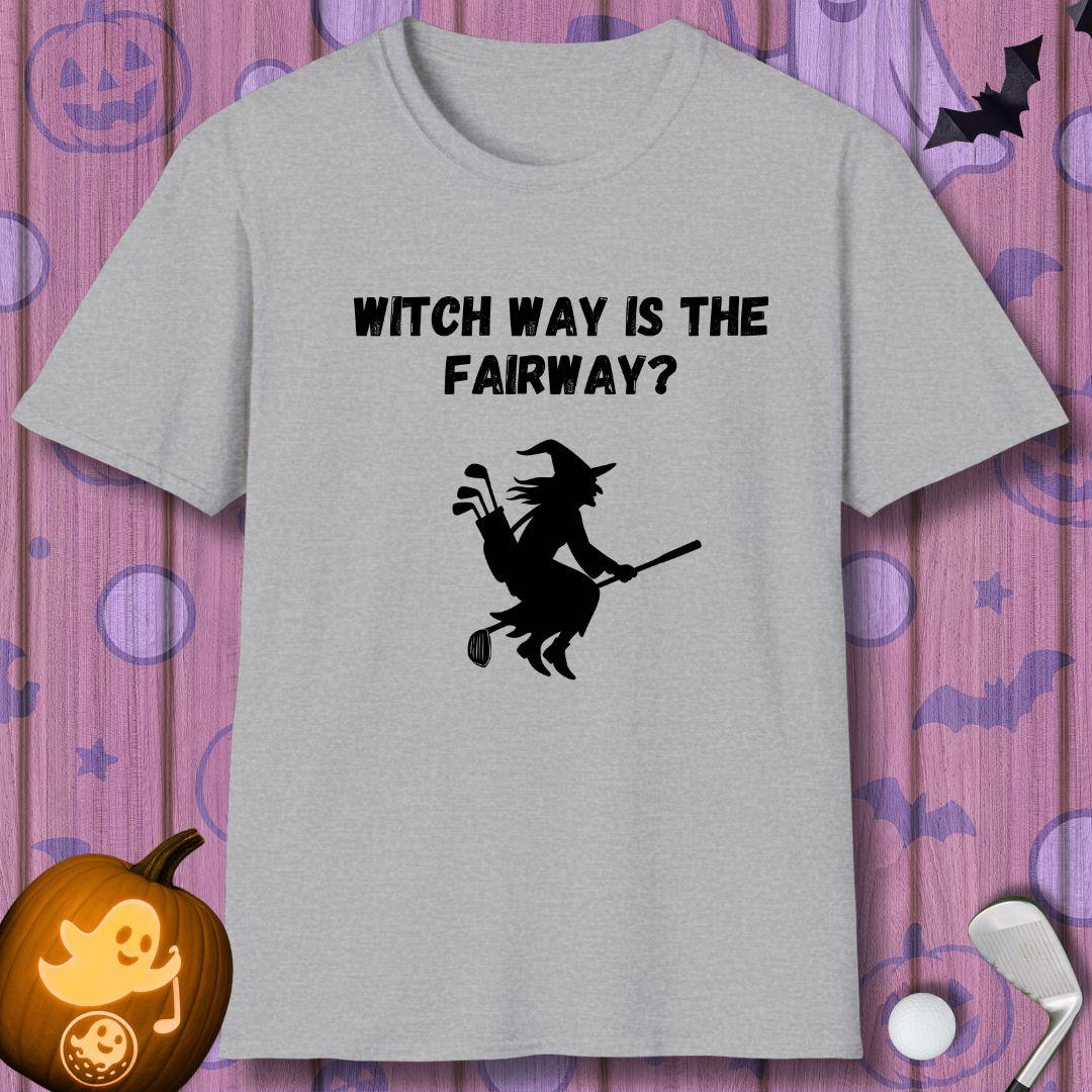 Witch Way is the Fairway? - Halloween T-shirt in Sport Grey, great for casual wear. Find more fun golf focused products at oneforetheages.com