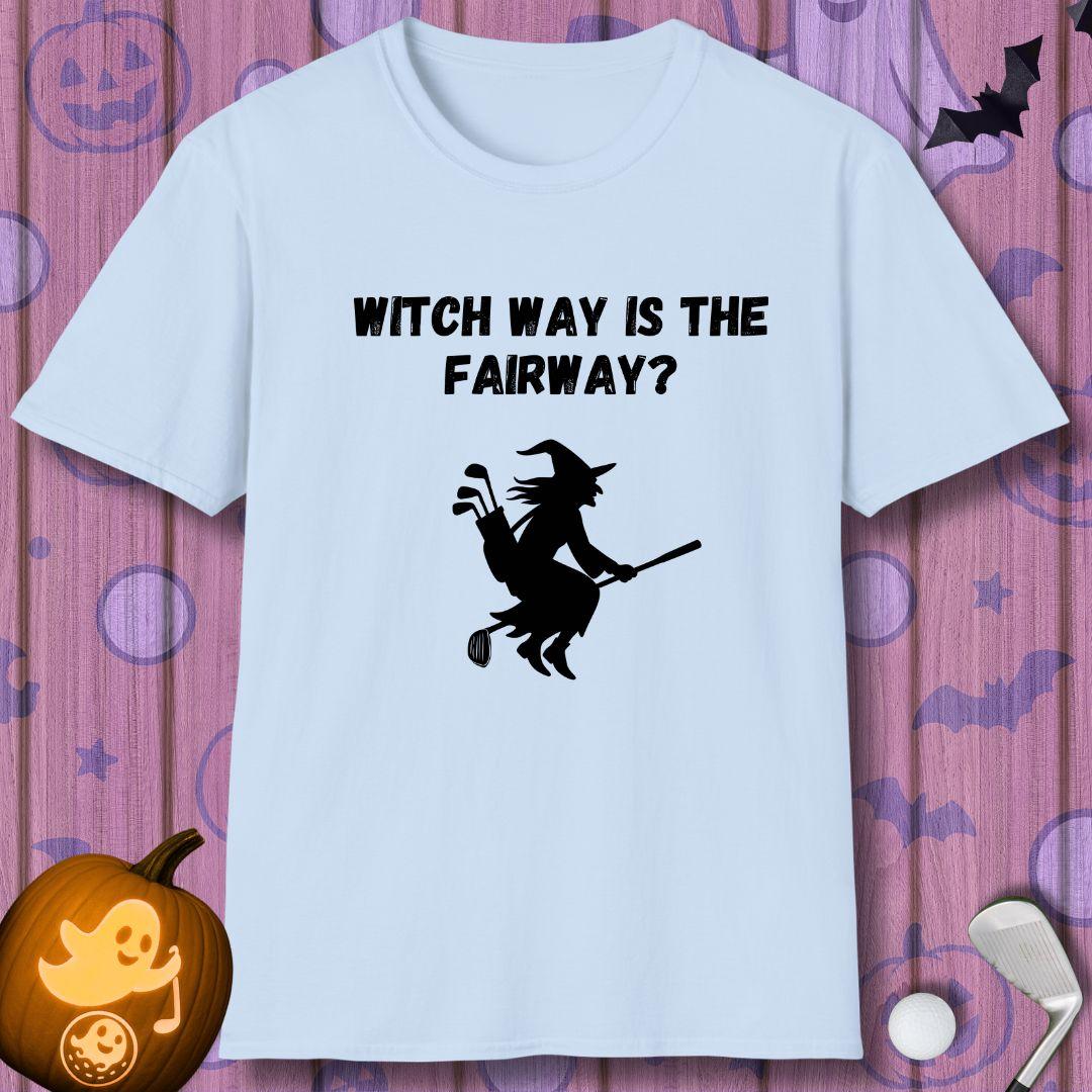 Witch Way is the Fairway? - Halloween T-shirt in Light Blue, great for casual wear. Find more fun golf focused products at oneforetheages.com