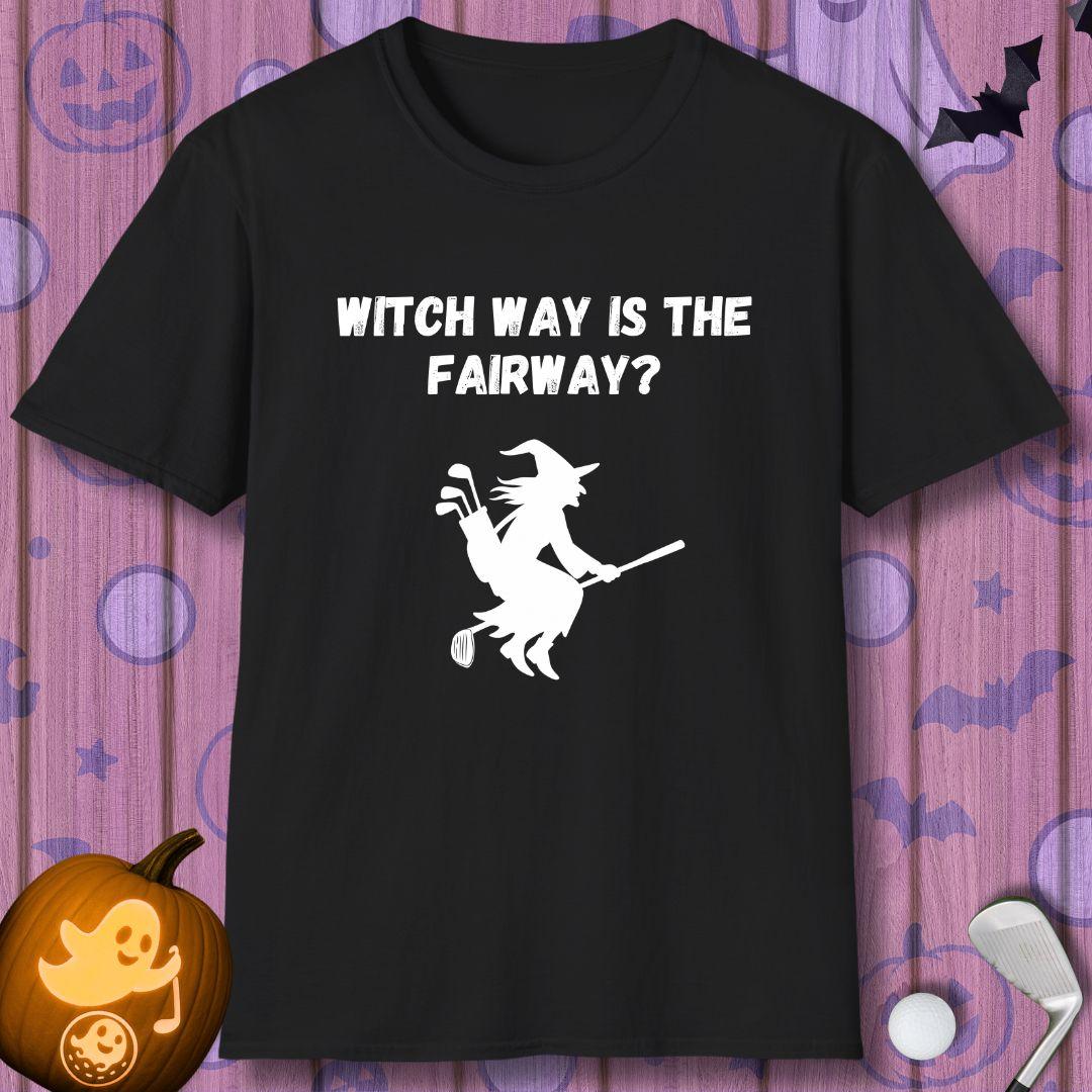 Witch Way is the Fairway? - Halloween T-shirt in Black, great for casual wear. Find more fun golf focused products at oneforetheages.com
