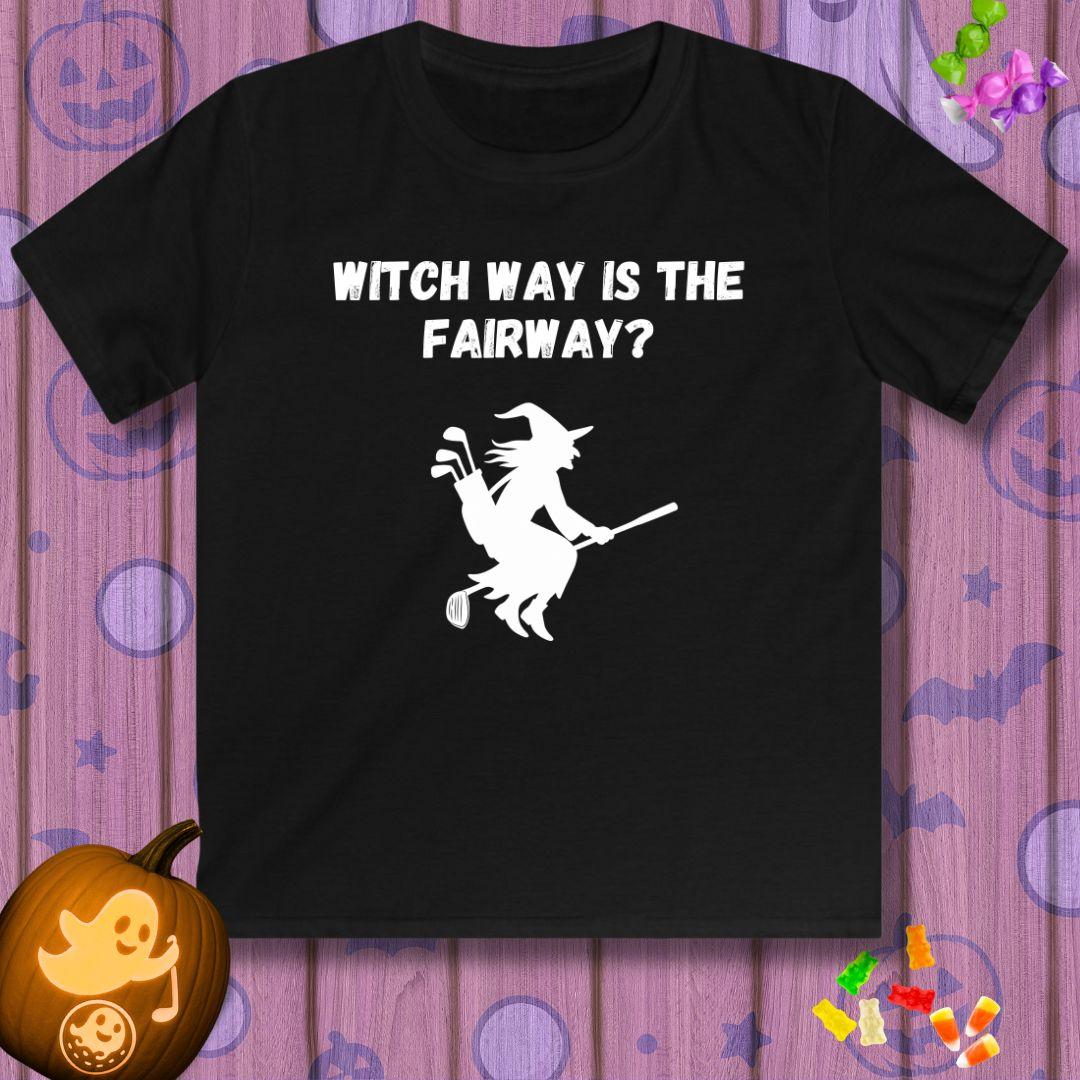 Witch Way is the Fairway? - Youth Halloween T-shirt in Black, great for casual wear. Find more fun golf focused products at oneforetheages.com