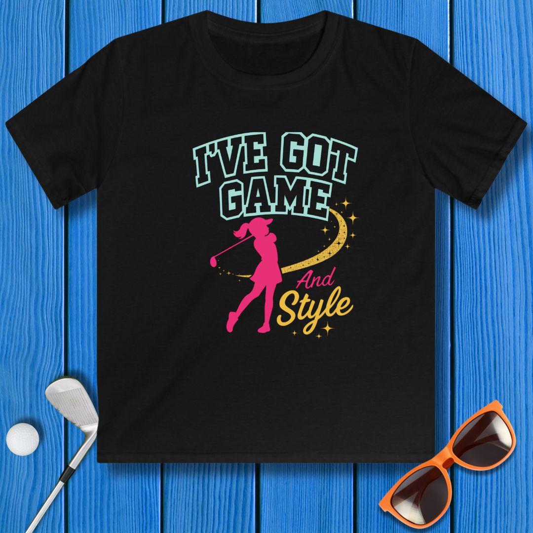 I’ve Got Game And Style – Girls Youth Golf T-Shirt in Black, great for casual wear. Find more fun golf focused products at oneforetheages.com