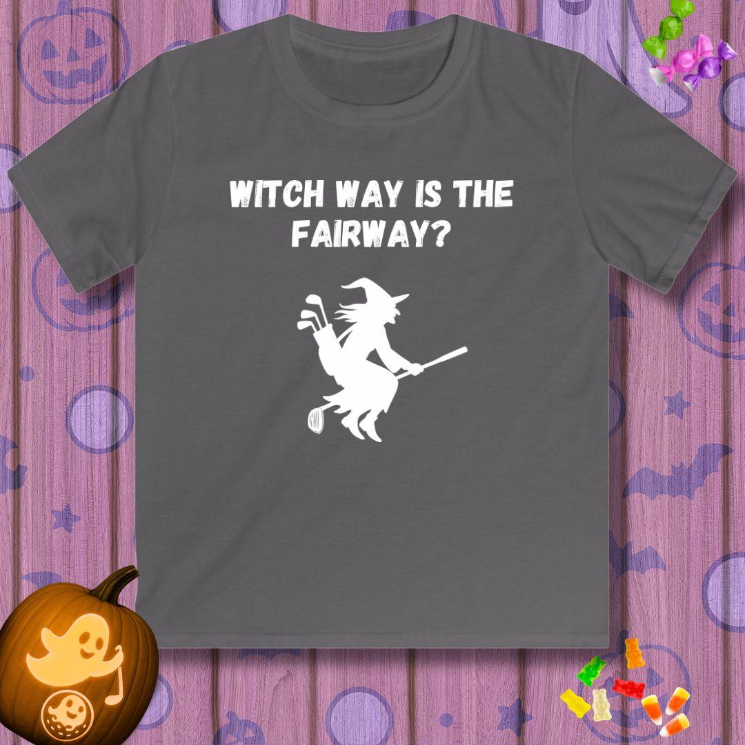 Witch Way is the Fairway? - Youth Halloween T-shirt in Charcoal, great for casual wear. Find more fun golf focused products at oneforetheages.com