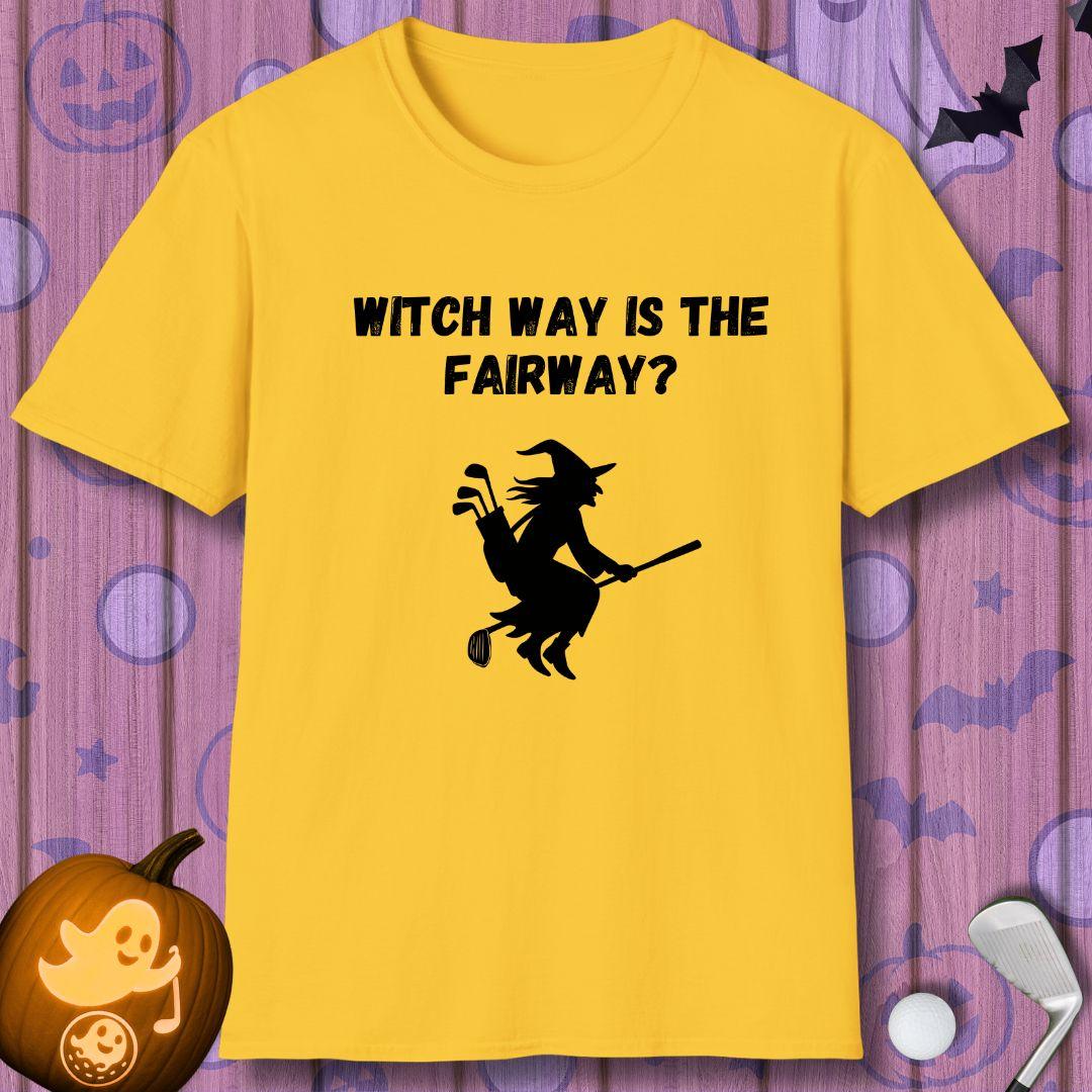 Witch Way is the Fairway? - Halloween T-shirt in Daisy, great for casual wear. Find more fun golf focused products at oneforetheages.com