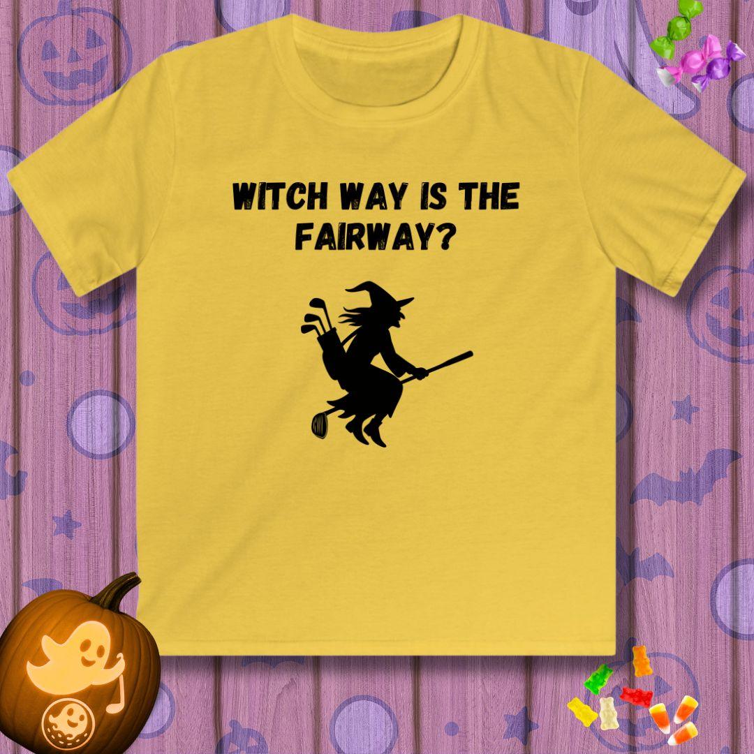 Witch Way is the Fairway? - Youth Halloween T-shirt in Daisy, great for casual wear. Find more fun golf focused products at oneforetheages.com