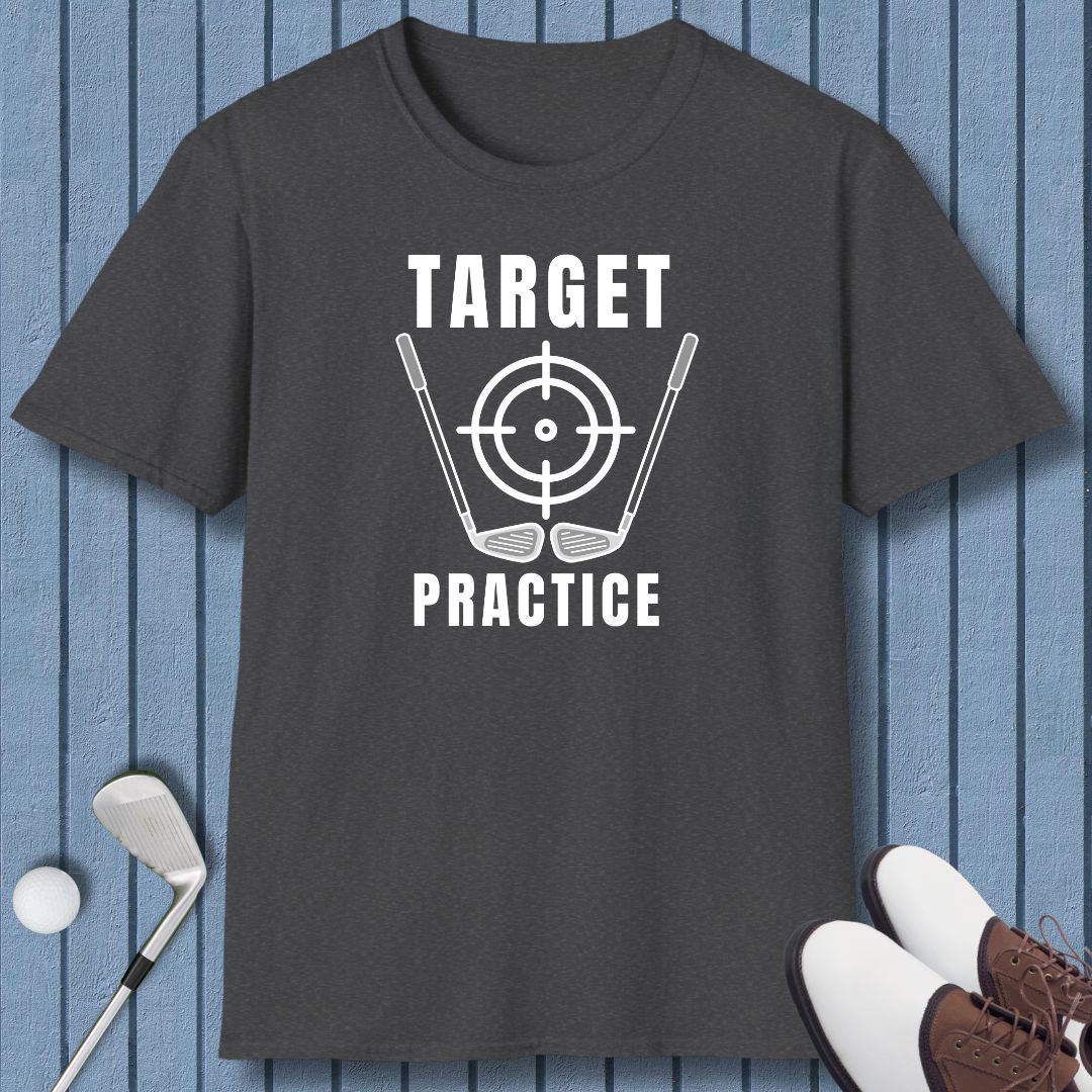 Dark gray Target Practice golf t-shirt with white design.