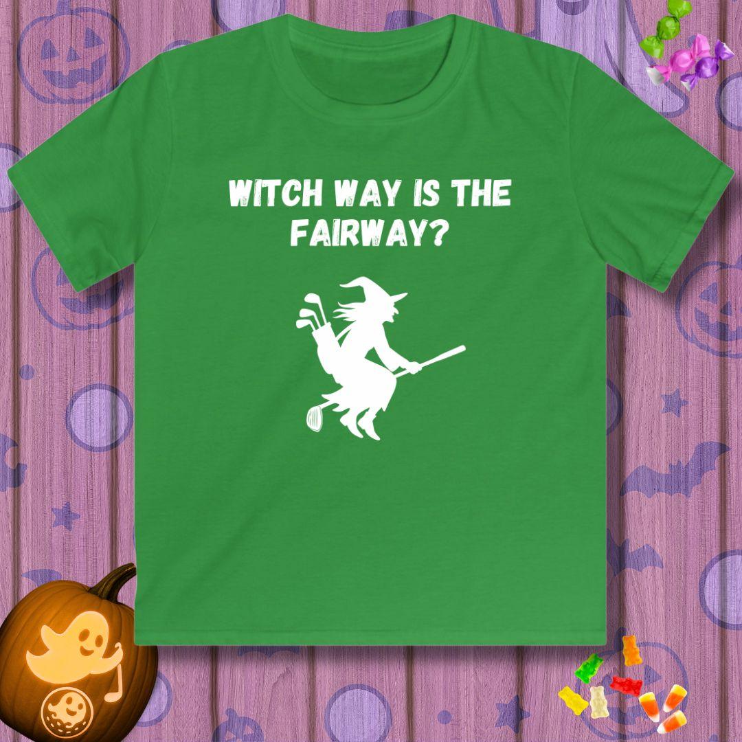 Witch Way is the Fairway? - Youth Halloween T-shirt in Irish Green, great for casual wear. Find more fun golf focused products at oneforetheages.com