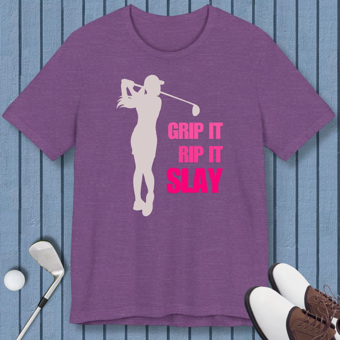 GRIP IT, RIP IT, SLAY - T-shirt (Female Golfer) in Heather Team Purple, great for casual wear. Find more fun golf focused products at oneforetheages.com