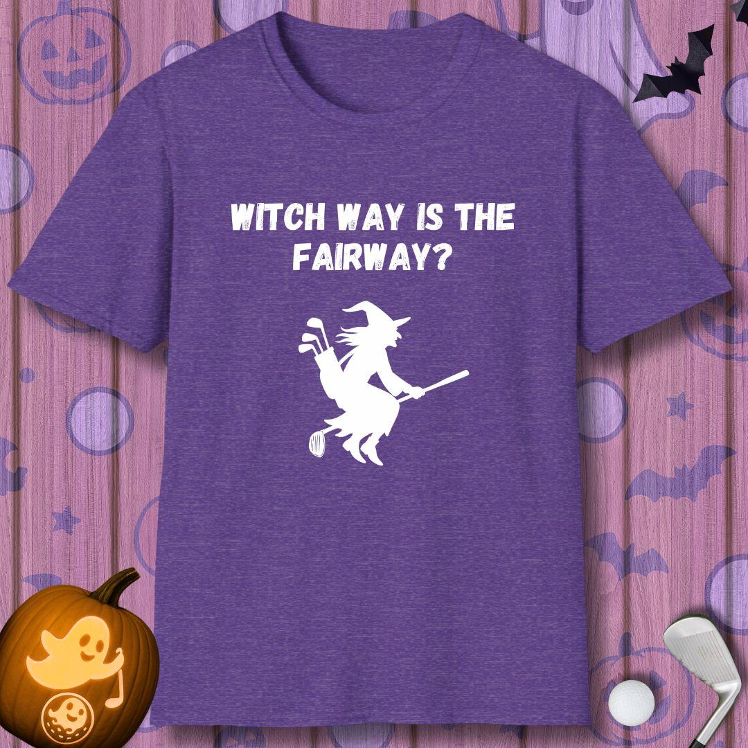Witch Way is the Fairway? - Halloween T-shirt in Heather Purple, great for casual wear. Find more fun golf focused products at oneforetheages.com