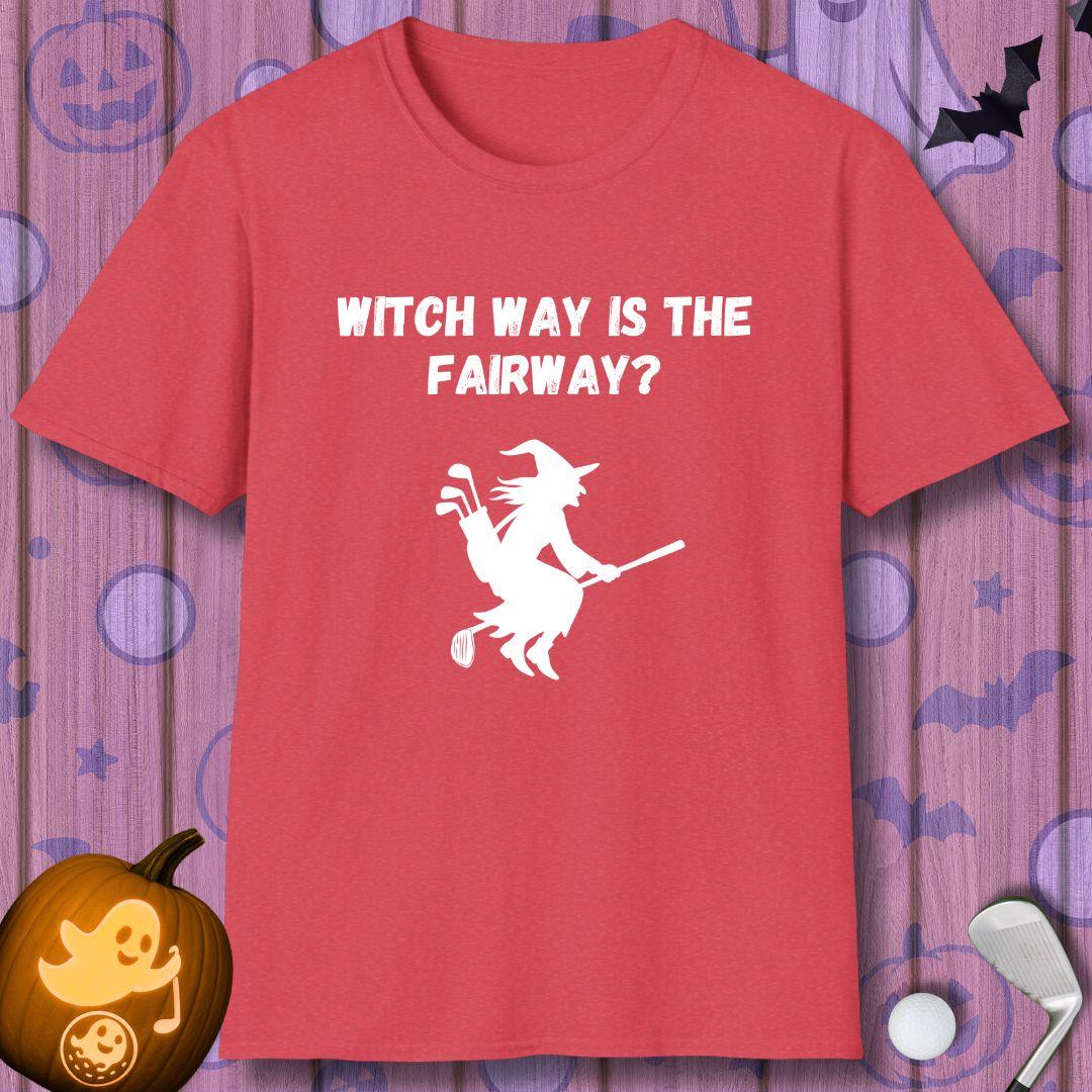 Witch Way is the Fairway? - Halloween T-shirt in Heather Red, great for casual wear. Find more fun golf focused products at oneforetheages.com