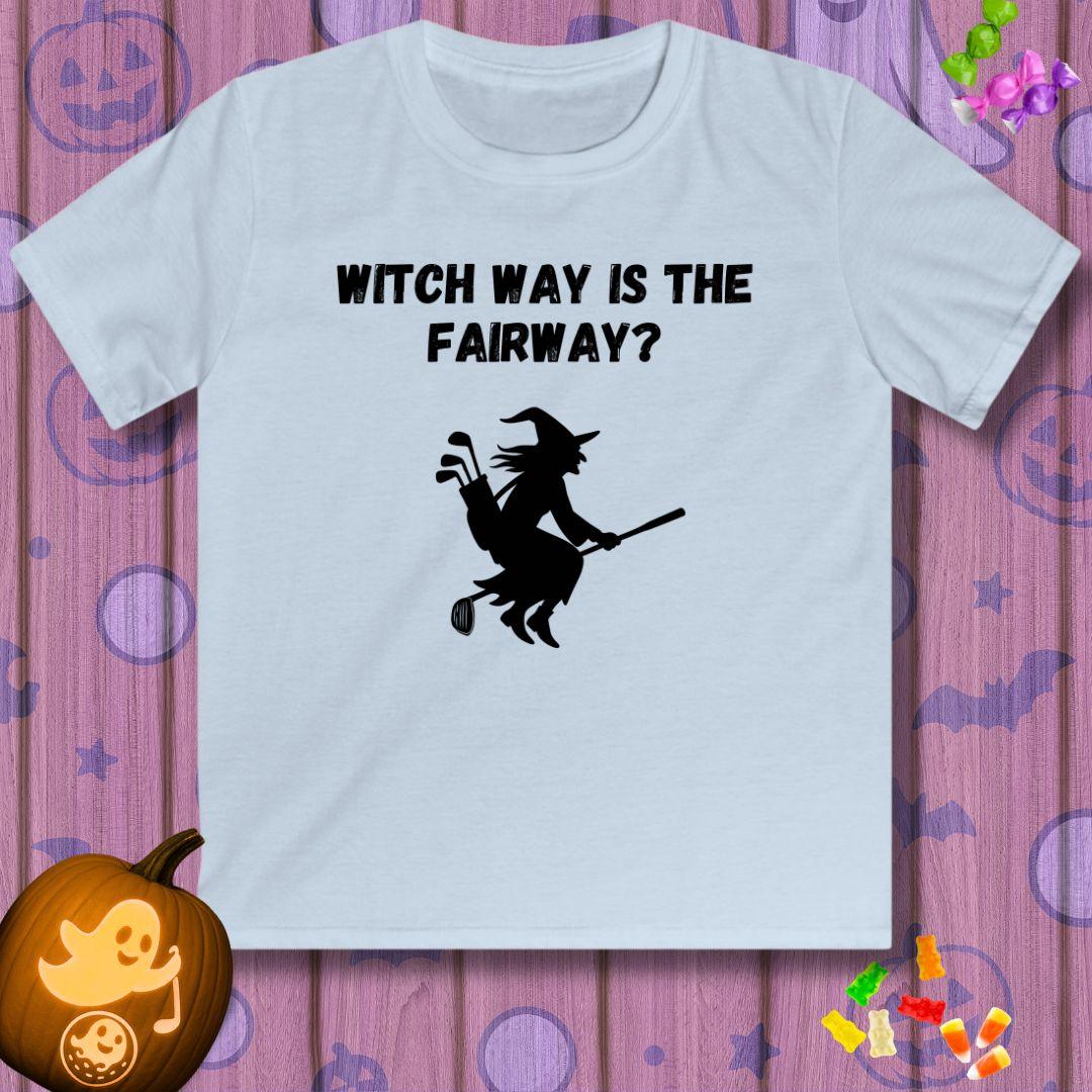 Witch Way is the Fairway? - Youth Halloween T-shirt in Light Blue, great for casual wear. Find more fun golf focused products at oneforetheages.com