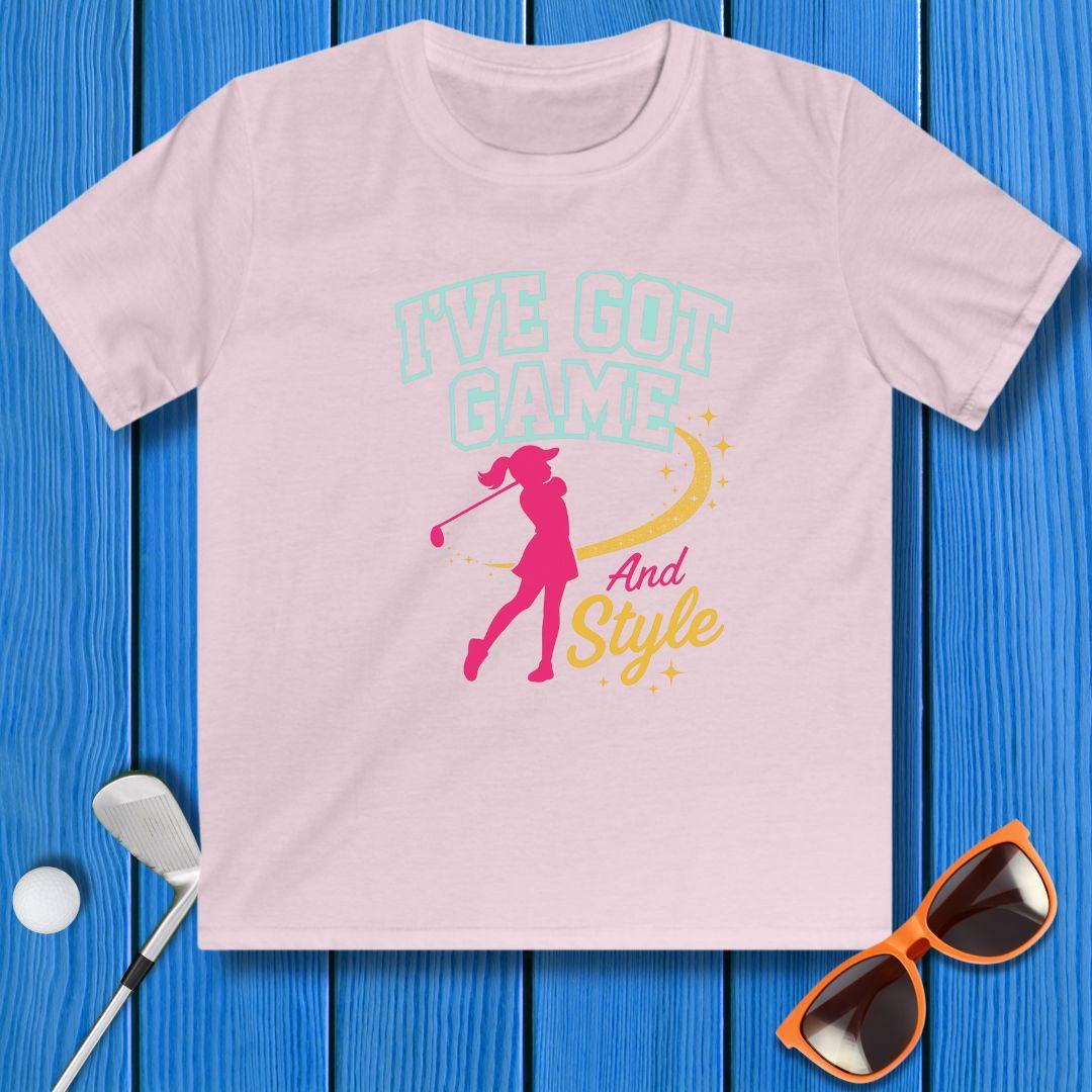 I’ve Got Game And Style – Girls Youth Golf T-Shirt in Light Pink, great for casual wear. Find more fun golf focused products at oneforetheages.com