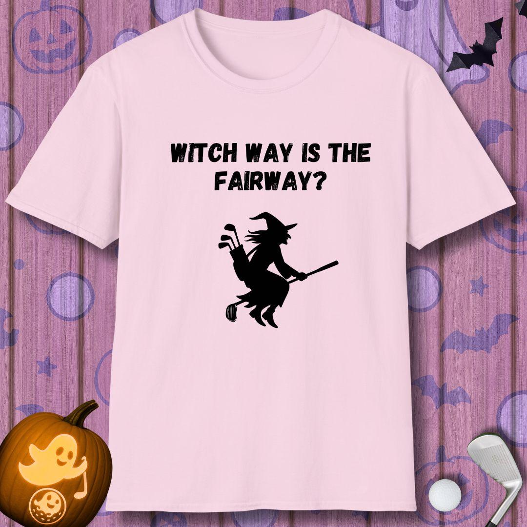 Witch Way is the Fairway? - Halloween T-shirt in Light Pink, great for casual wear. Find more fun golf focused products at oneforetheages.com
