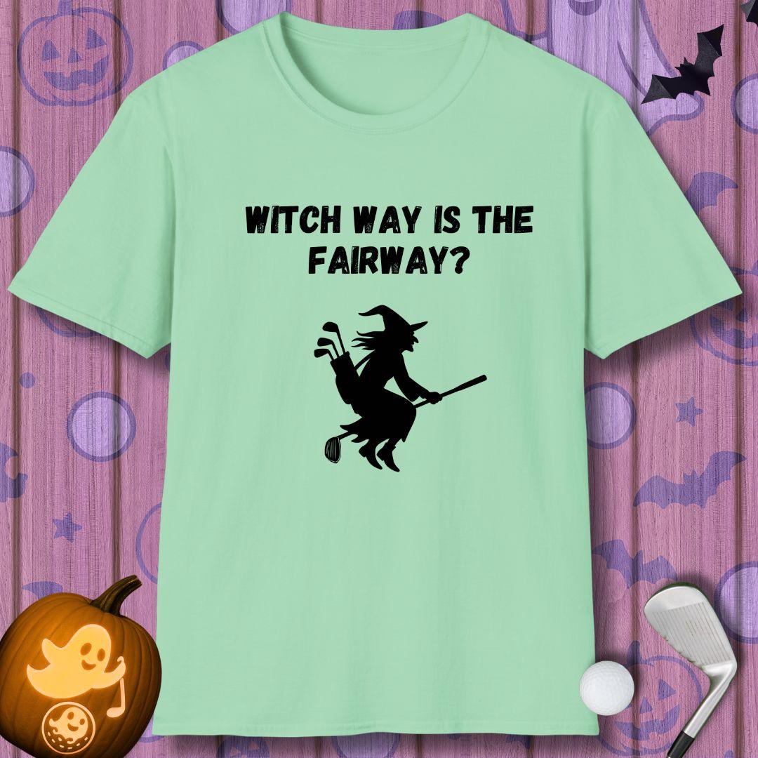 Witch Way is the Fairway? - Halloween T-shirt in Mint Green, great for casual wear. Find more fun golf focused products at oneforetheages.com