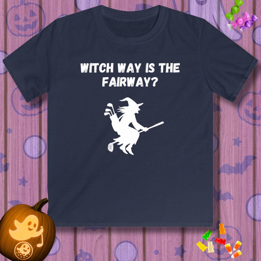 Witch Way is the Fairway? - Youth Halloween T-shirt in Navy, great for casual wear. Find more fun golf focused products at oneforetheages.com