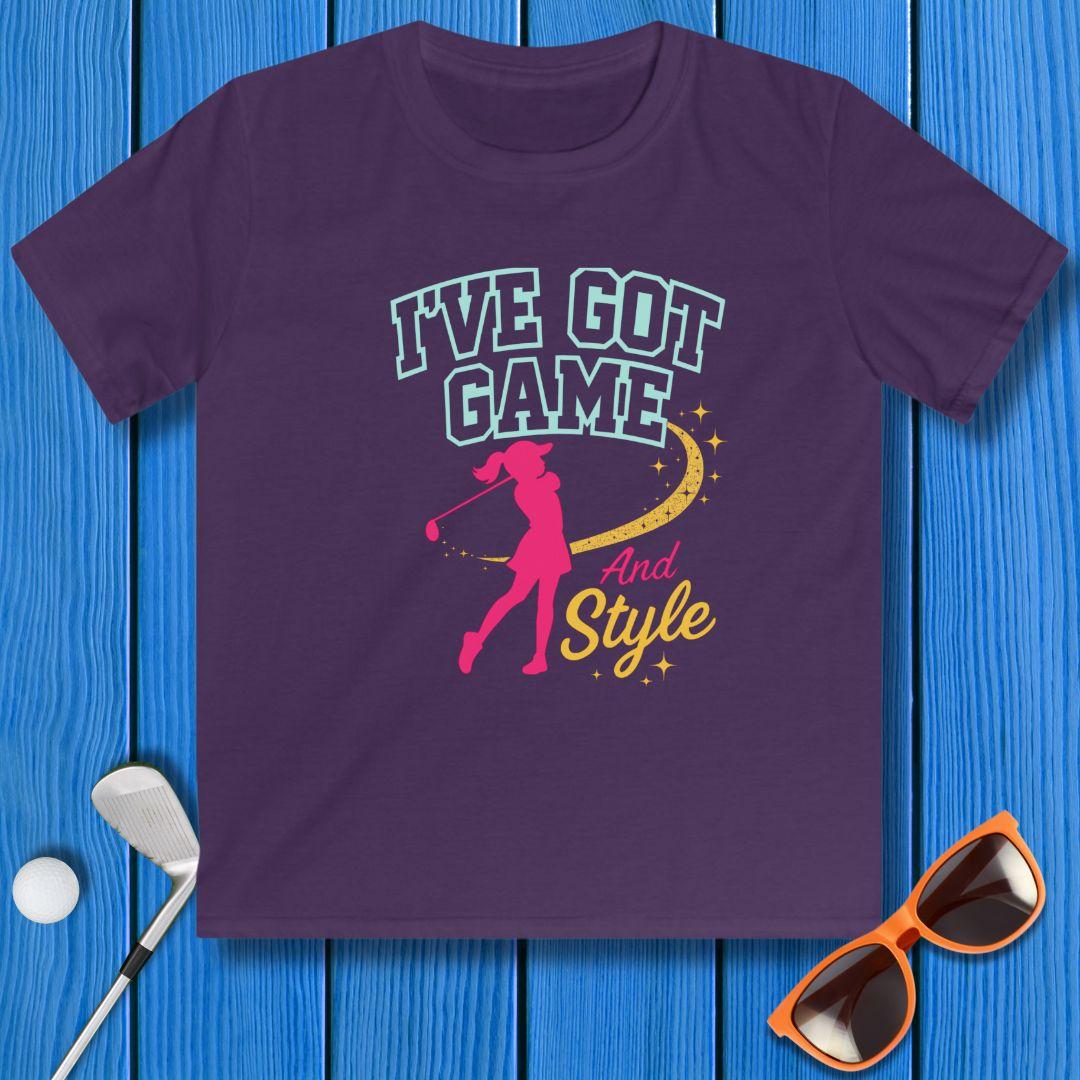 I’ve Got Game And Style – Girls Youth Golf T-Shirt in Purple, great for casual wear. Find more fun golf focused products at oneforetheages.com
