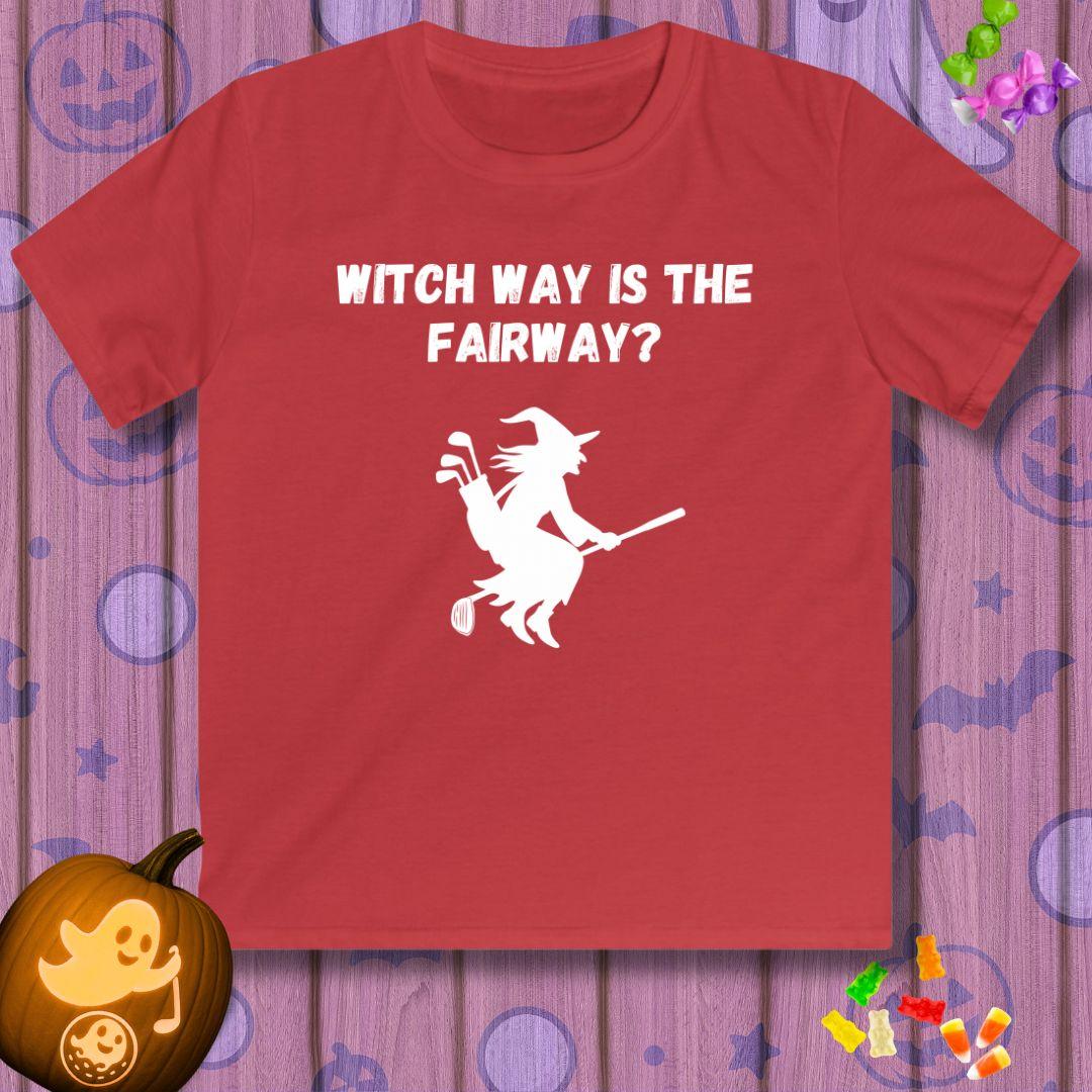 Witch Way is the Fairway? - Youth Halloween T-shirt in Red, great for casual wear. Find more fun golf focused products at oneforetheages.com