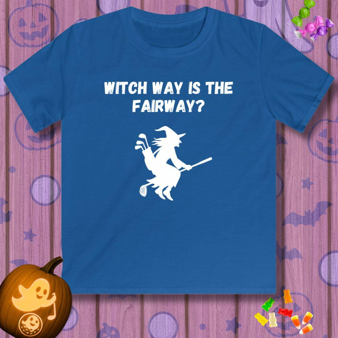 Witch Way is the Fairway? - Youth Halloween T-shirt in Royal, great for casual wear. Find more fun golf focused products at oneforetheages.com
