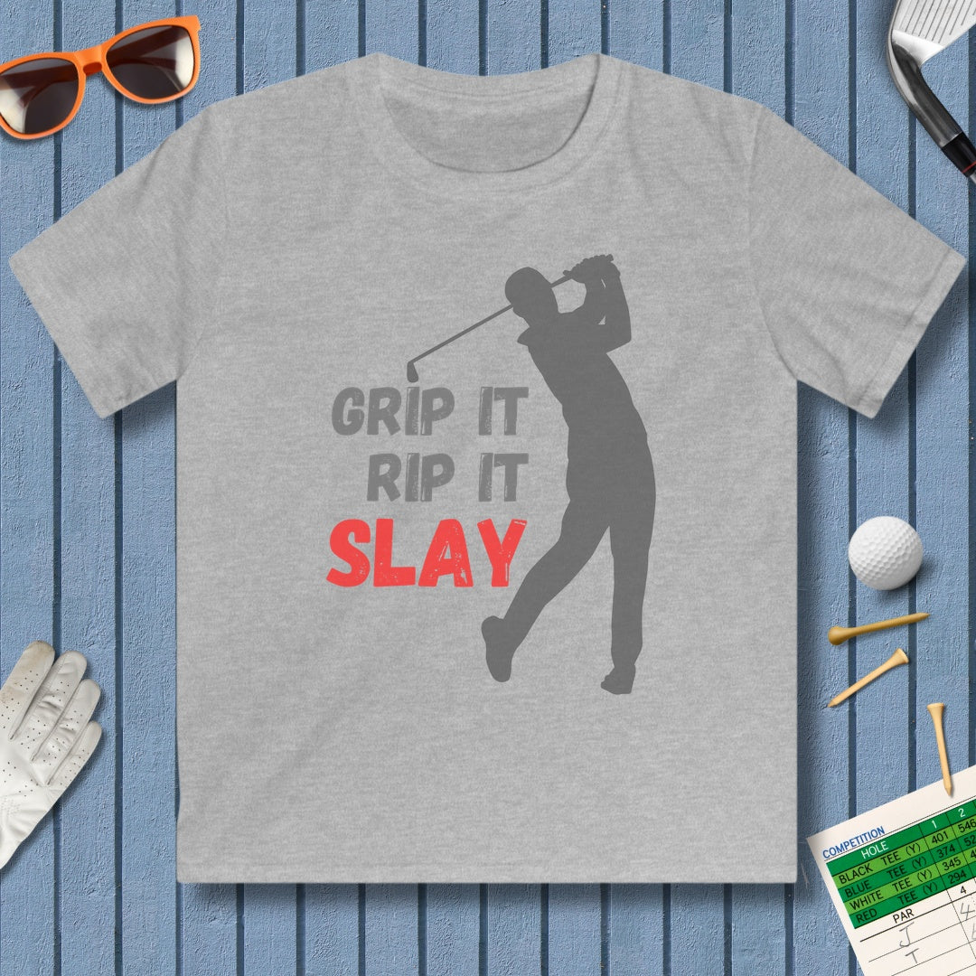 GRIP IT, RIP IT, SLAY (Male) - Youth Golf T-Shirt in Sport Grey