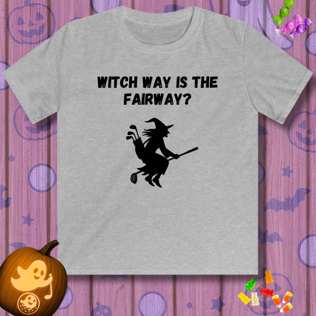 Witch Way is the Fairway? - Youth Halloween T-shirt in Sport Grey, great for casual wear. Find more fun golf focused products at oneforetheages.com