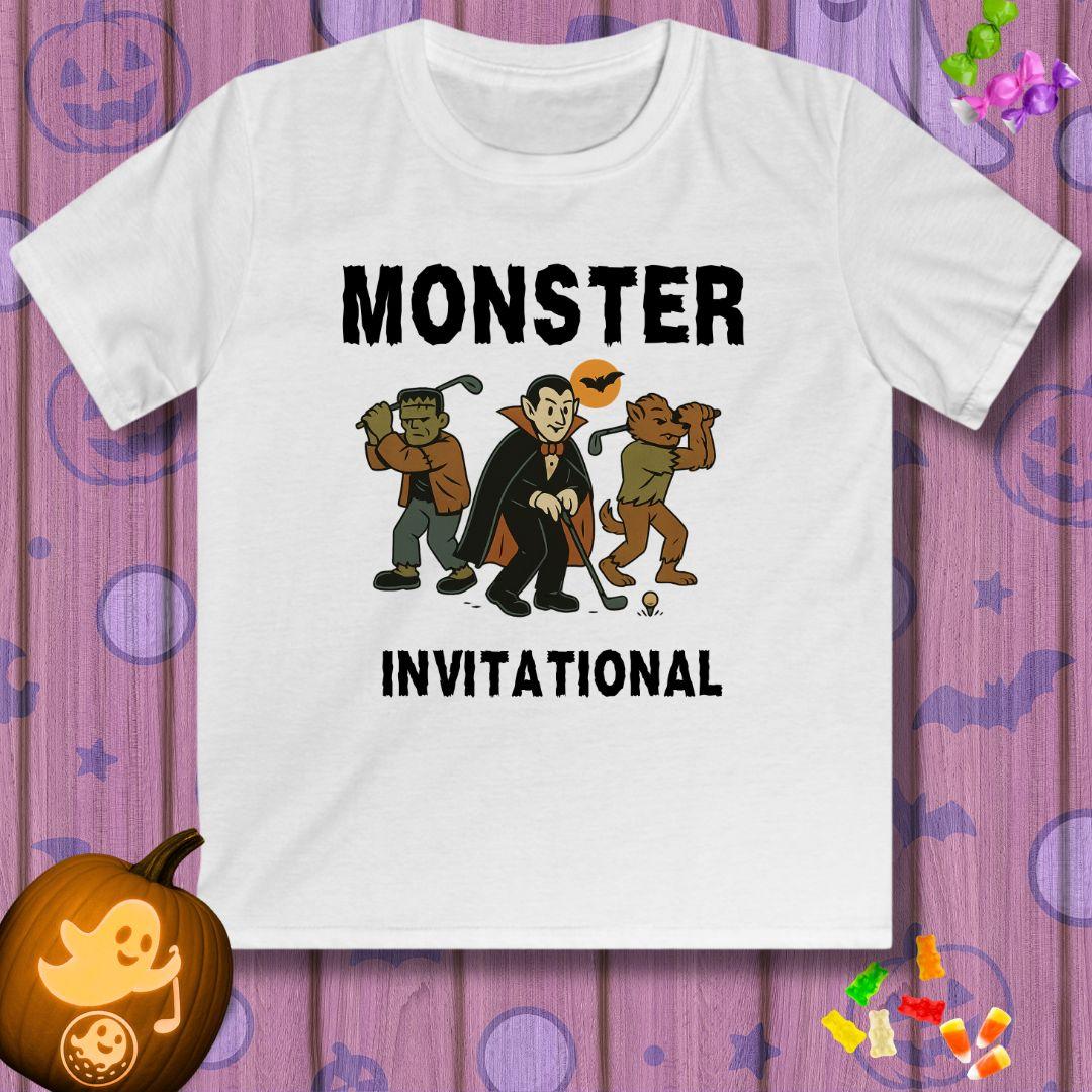 Monster Invitational - Youth Halloween T-shirt in White, great for casual wear. Find more fun golf focused products at oneforetheages.com