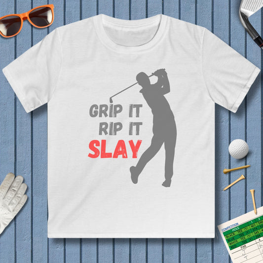 GRIP IT, RIP IT, SLAY (Male) - Youth Golf T-Shirt in White