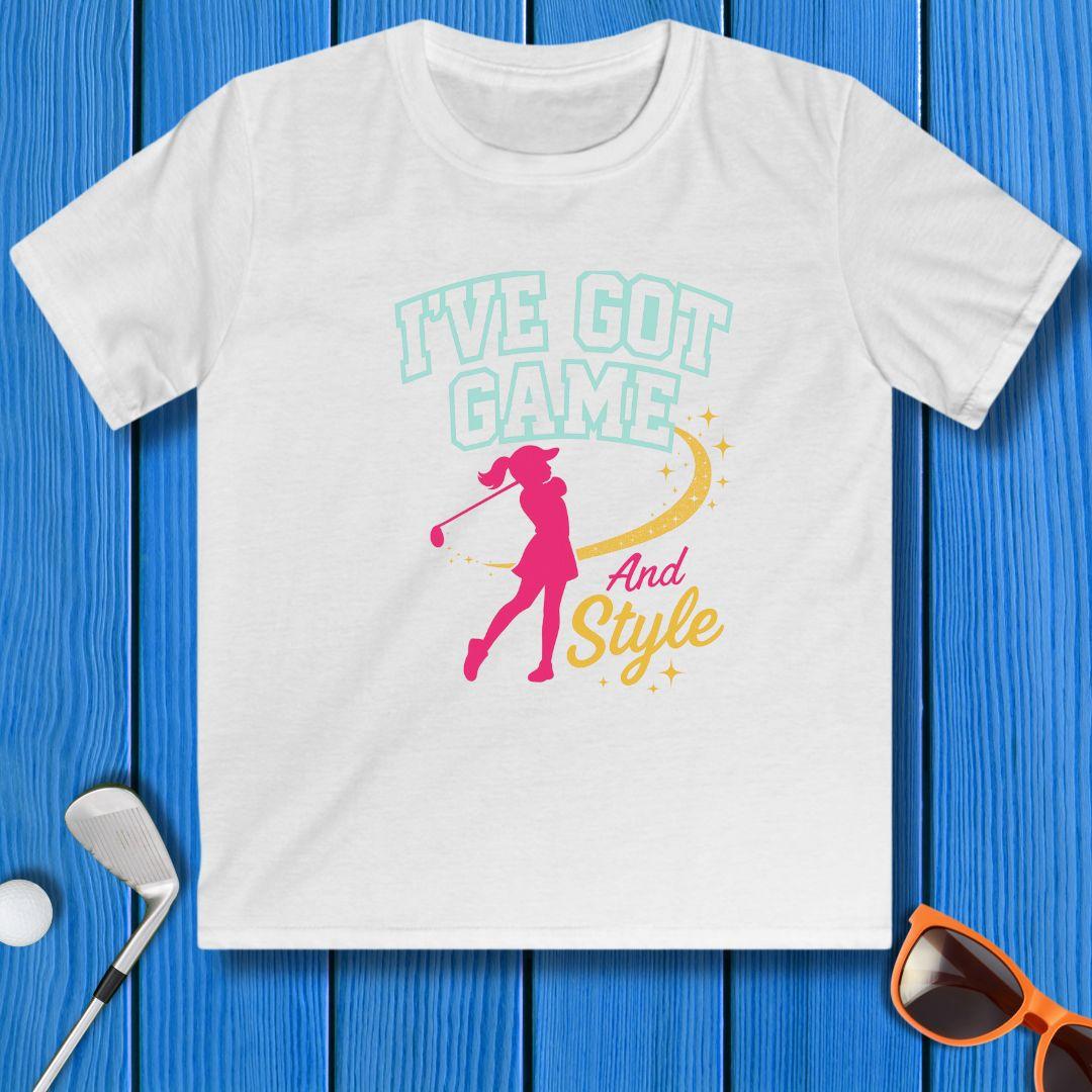 I’ve Got Game And Style – Girls Youth Golf T-Shirt in White, great for casual wear. Find more fun golf focused products at oneforetheages.com