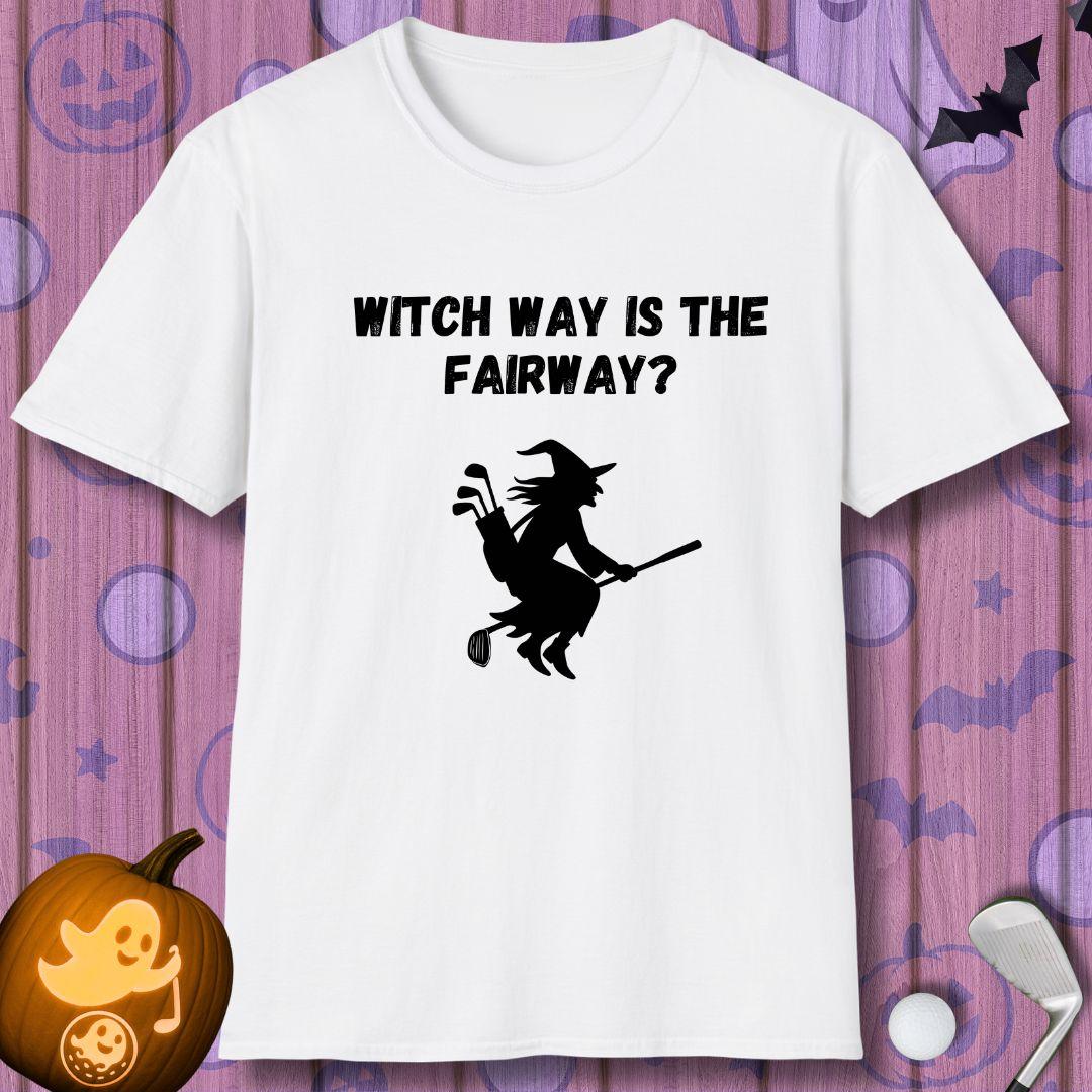 Witch Way is the Fairway? - Halloween T-shirt in White, great for casual wear. Find more fun golf focused products at oneforetheages.com