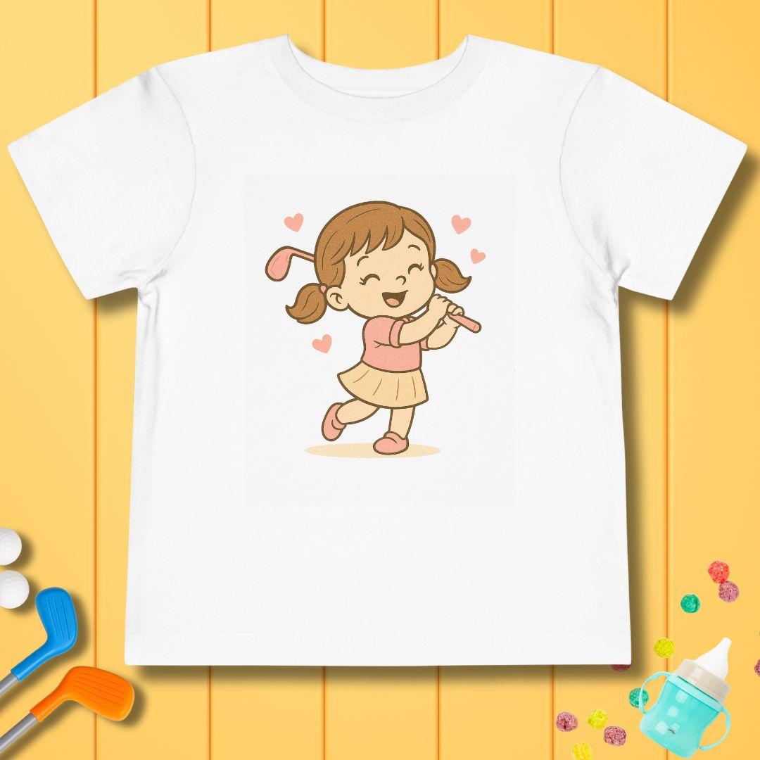 Happy Golfer Girl - Toddler T-Shirt in White, great for casual wear. Find more fun golf focused products at oneforetheages.com