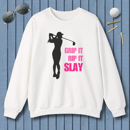GRIP IT, RIP IT, SLAY (Female) - Adult Golf Sweatshirt in White