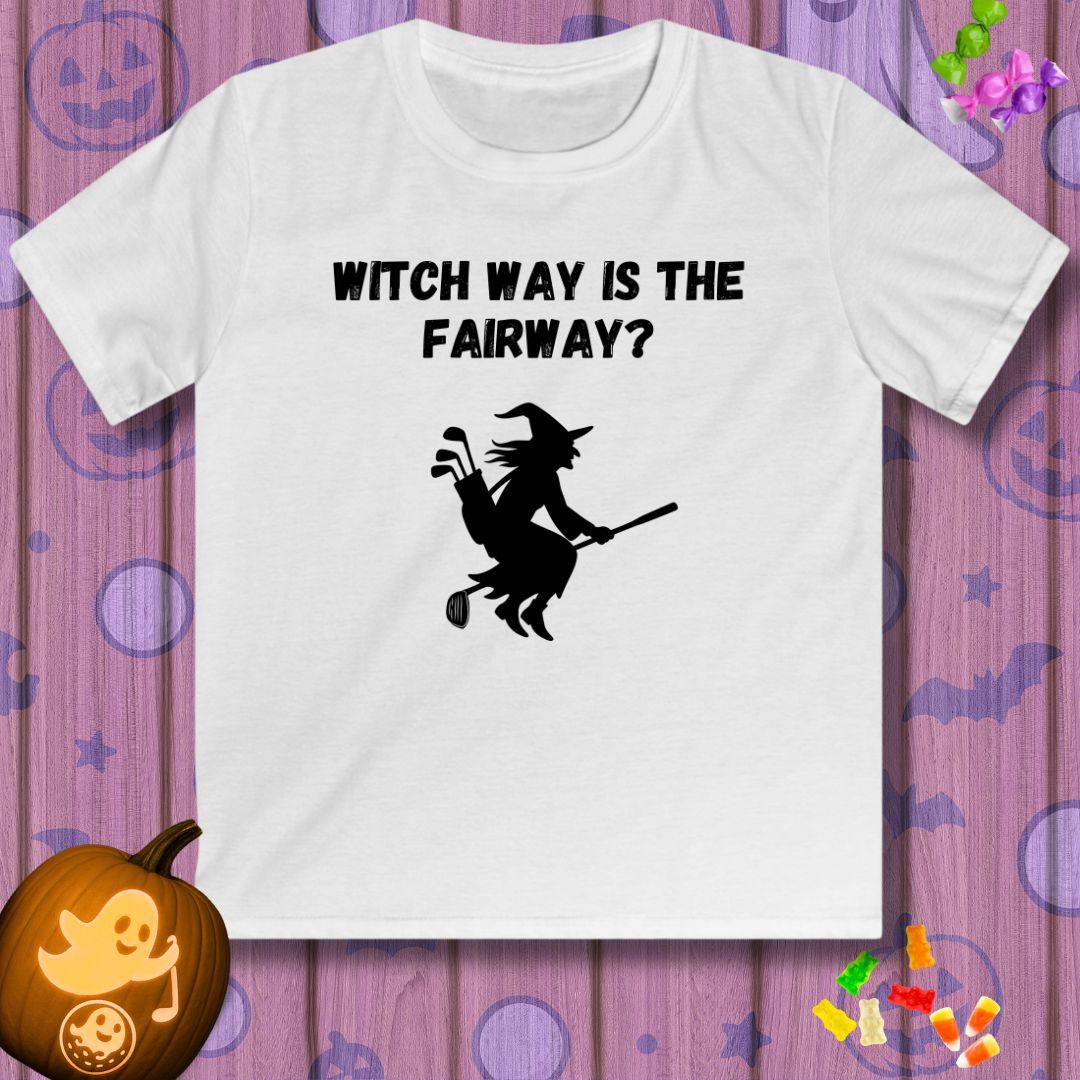 Witch Way is the Fairway? - Youth Halloween T-shirt in White, great for casual wear. Find more fun golf focused products at oneforetheages.com