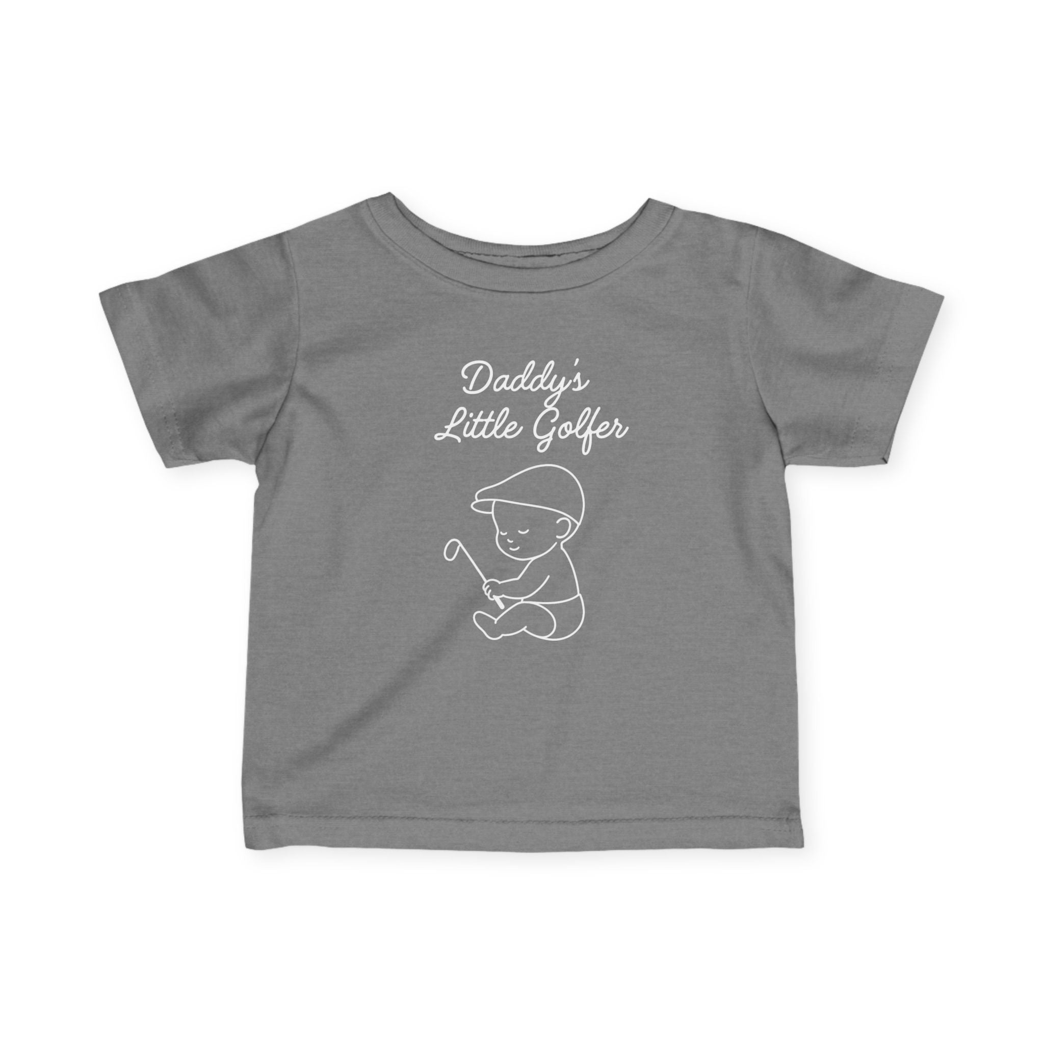 Daddy's Little Golfer - Baby T-shirt in Granite Heather, great for casual wear. Find more fun golf focused products at oneforetheages.com