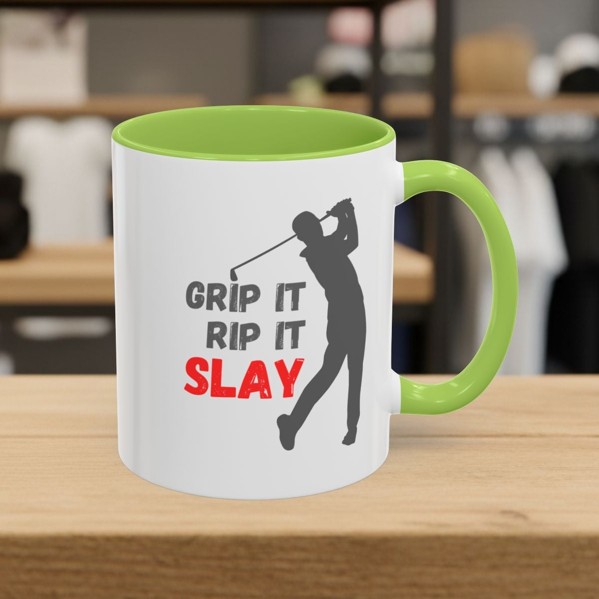 GRIP IT, RIP IT, SLAY (Male) - Golf Mug - 11oz in Light Green