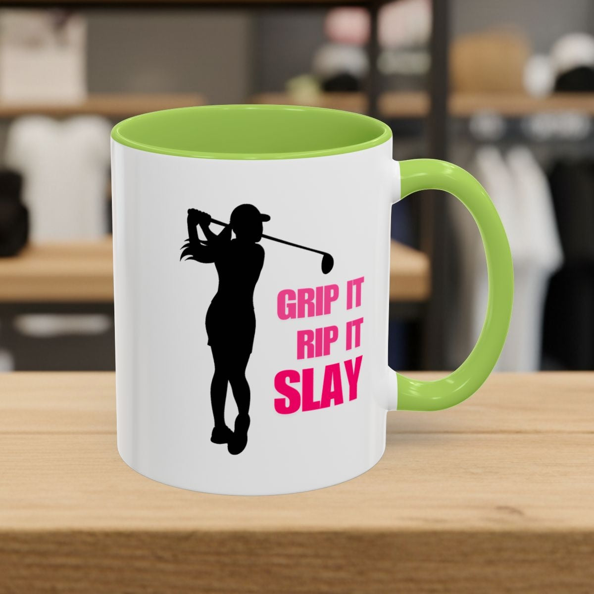 GRIP IT, RIP IT, SLAY (Female) - Golf Mug - 11oz in Light Green