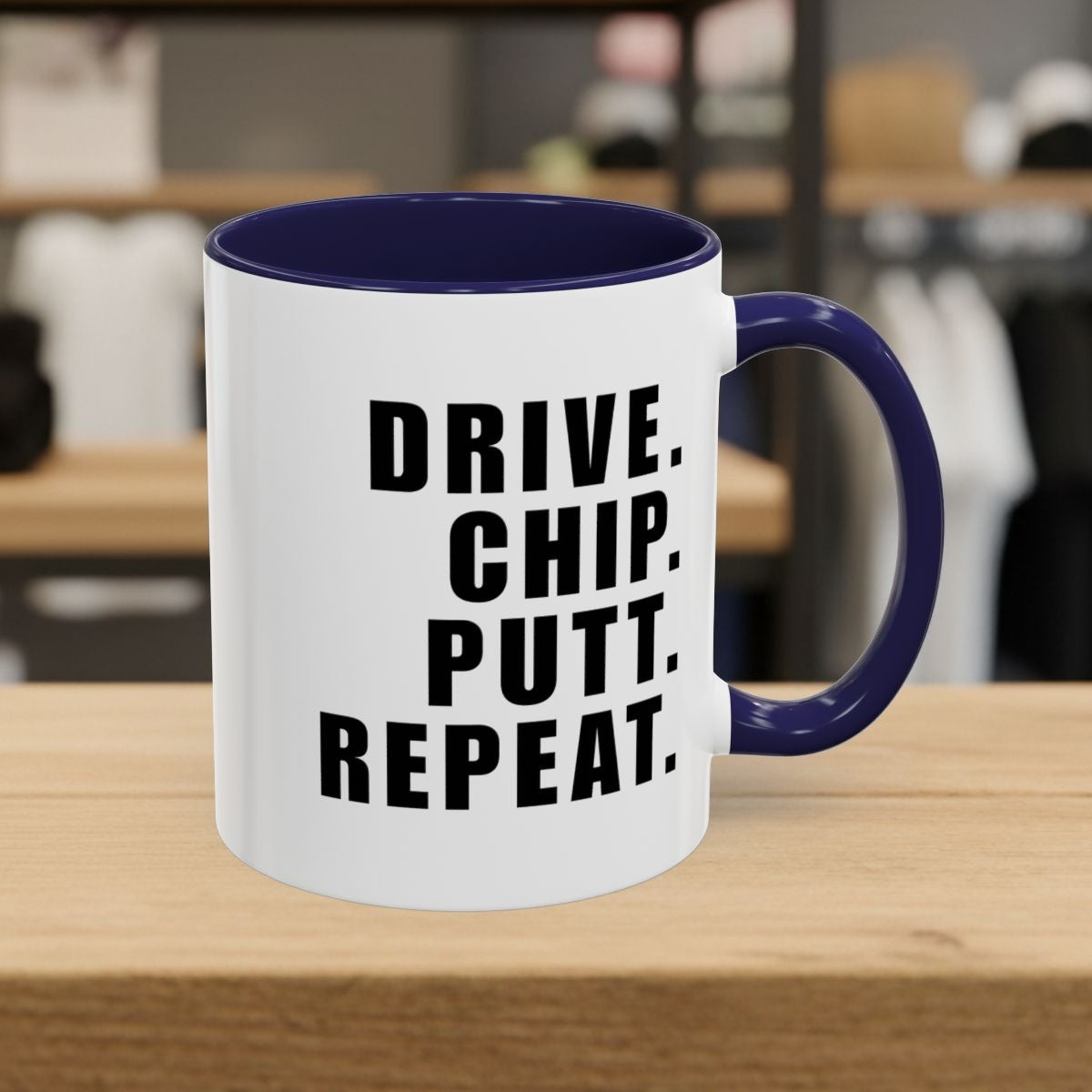 DRIVE CHIP PUTT REPEAT - Golf Mug - 11oz in Navy