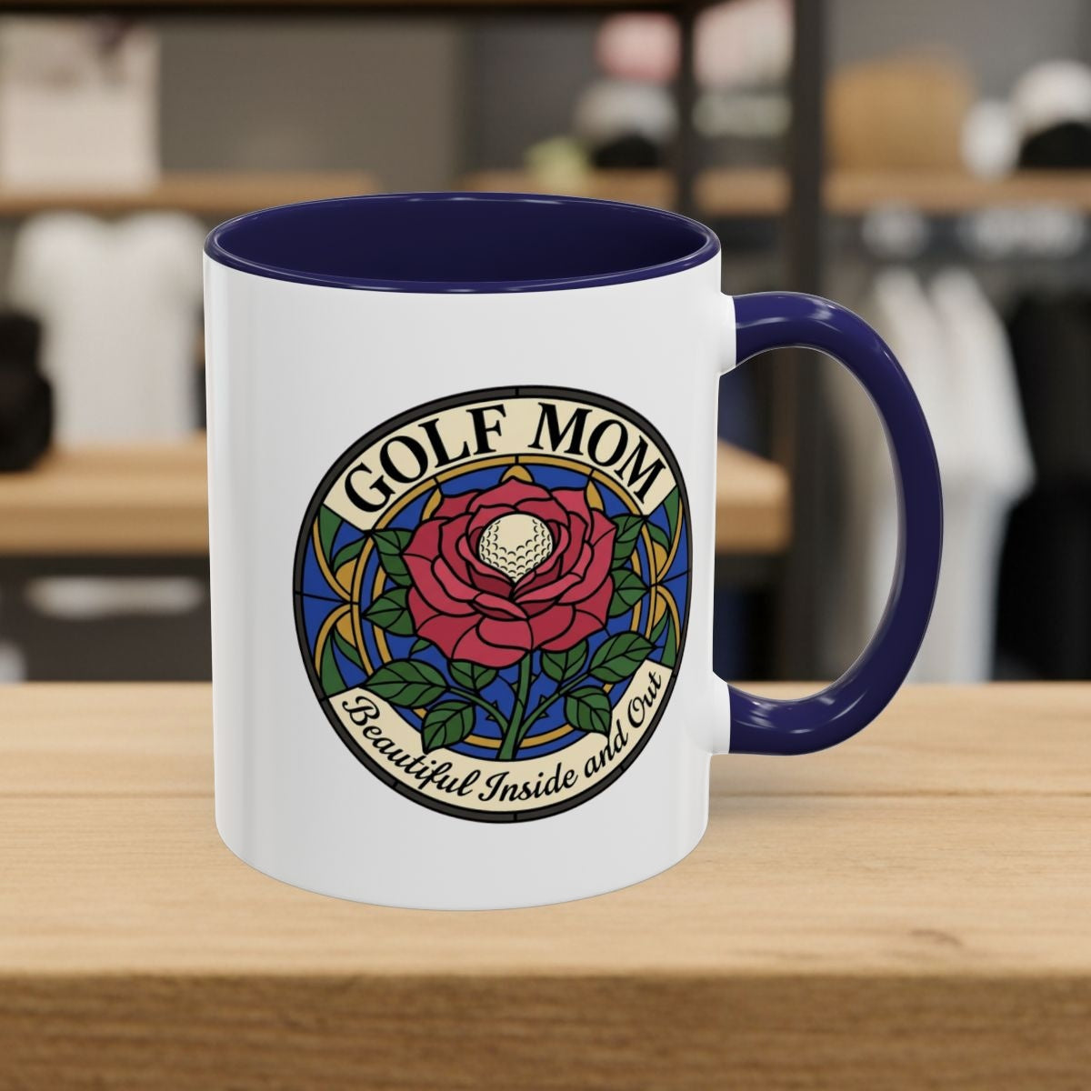 GOLF MOM: BEAUTIFUL INSIDE AND OUT, Stained Glass Rose Tee - Golf Mug in Navy