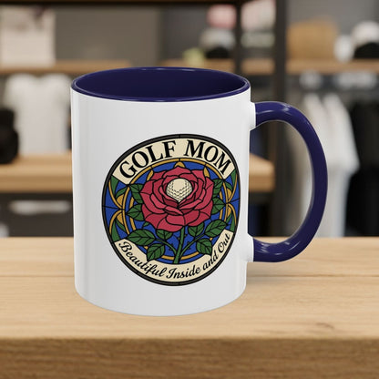 GOLF MOM: BEAUTIFUL INSIDE AND OUT, Stained Glass Rose Tee - Golf Mug in Navy