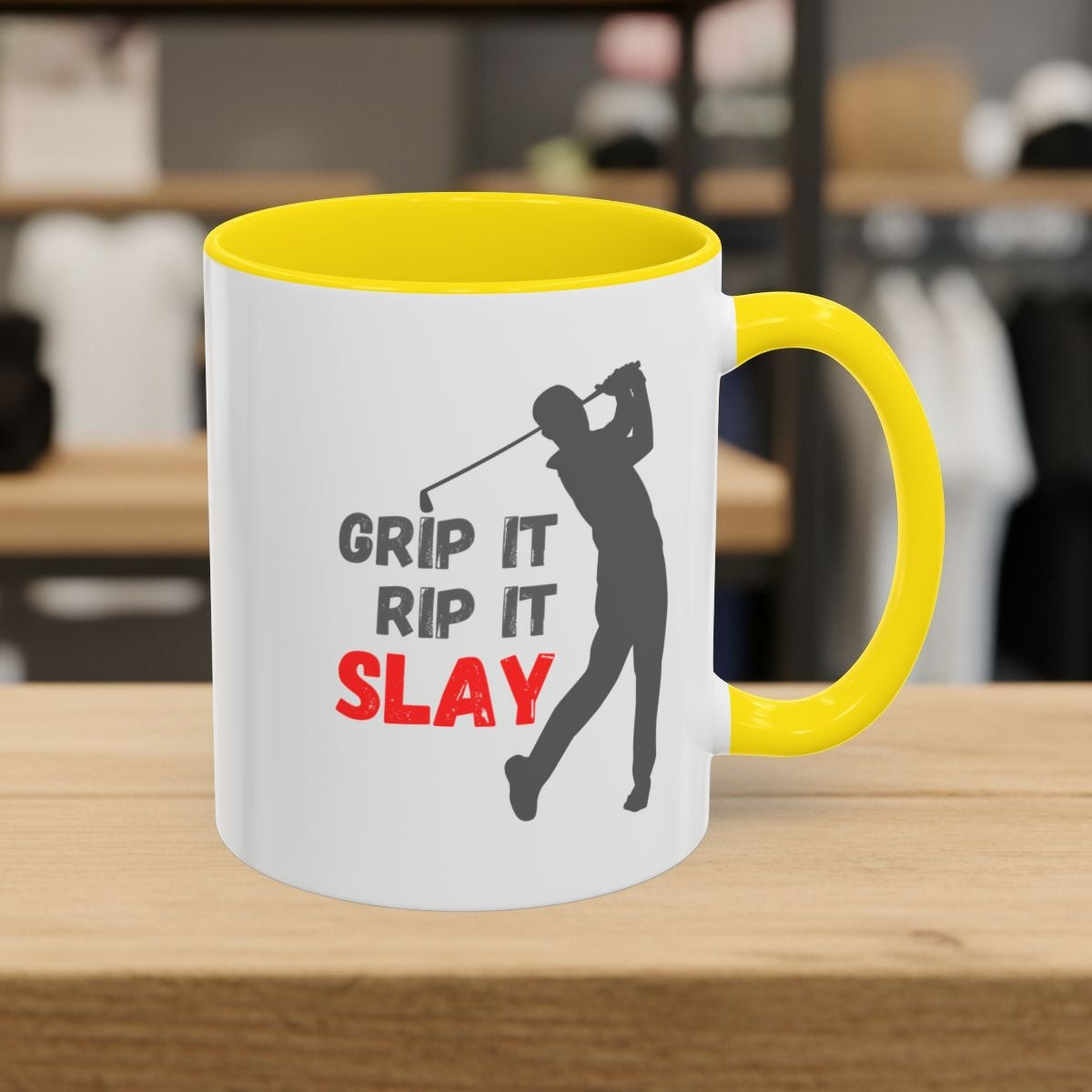 GRIP IT, RIP IT, SLAY (Male) - Golf Mug - 11oz in Yellow