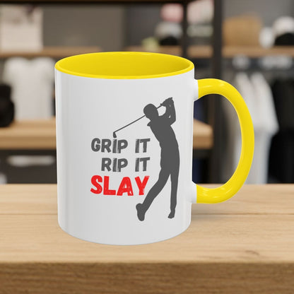 GRIP IT, RIP IT, SLAY (Male) - Golf Mug - 11oz in Yellow