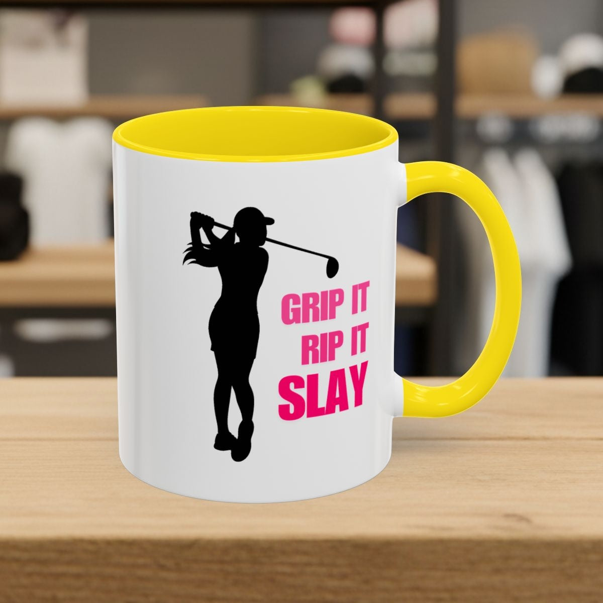 GRIP IT, RIP IT, SLAY (Female) - Golf Mug - 11oz in Yellow