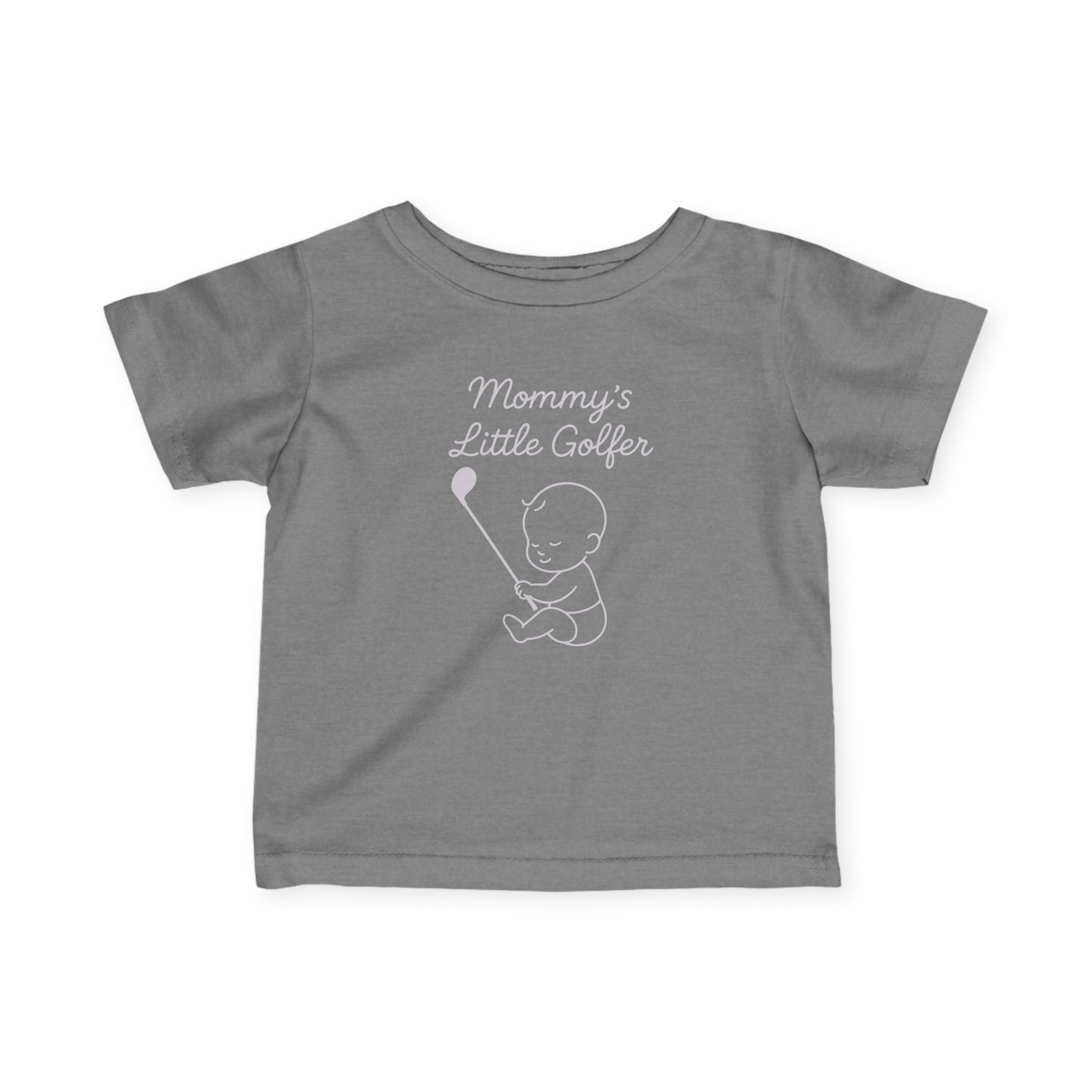 Mommy's Little Golfer - Baby T-shirt in Granite Heather, great for casual wear. Find more fun golf focused products at oneforetheages.com