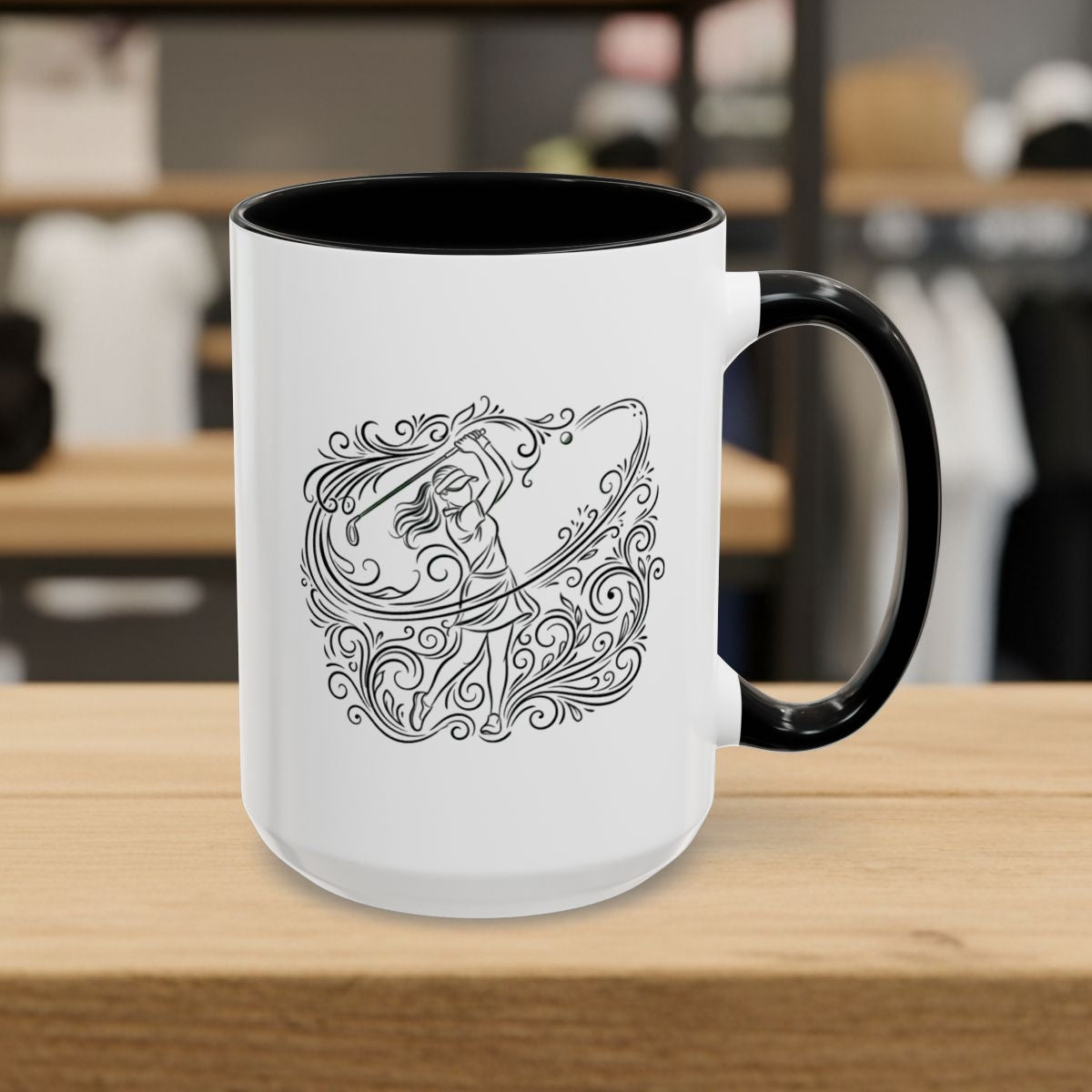 EVERY SWING TELLS A STORY - Women's Golf Vine Art - Golf Mug in Black