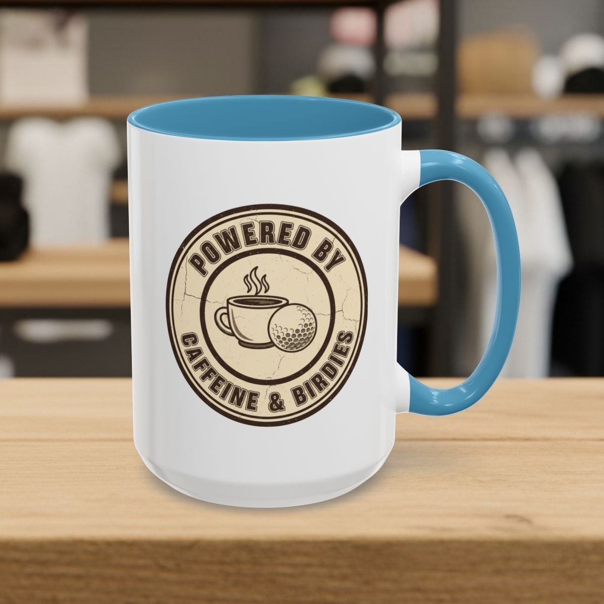 Powered by Caffeine & Birdies - Golf Mug - 15oz in Light Blue