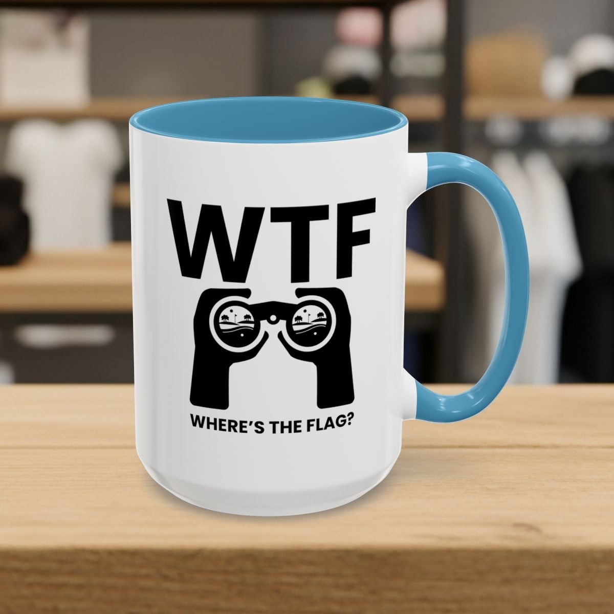 WTF - Where's the Flag - Golf Mug - 15oz in Light Blue