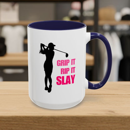 GRIP IT, RIP IT, SLAY (Female) - Golf Mug - 15oz in Navy