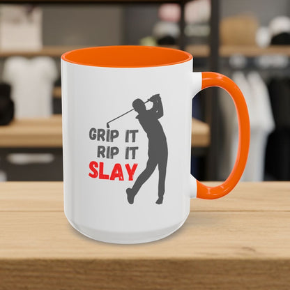 GRIP IT, RIP IT, SLAY (Male) - Golf Mug - 15oz in Orange