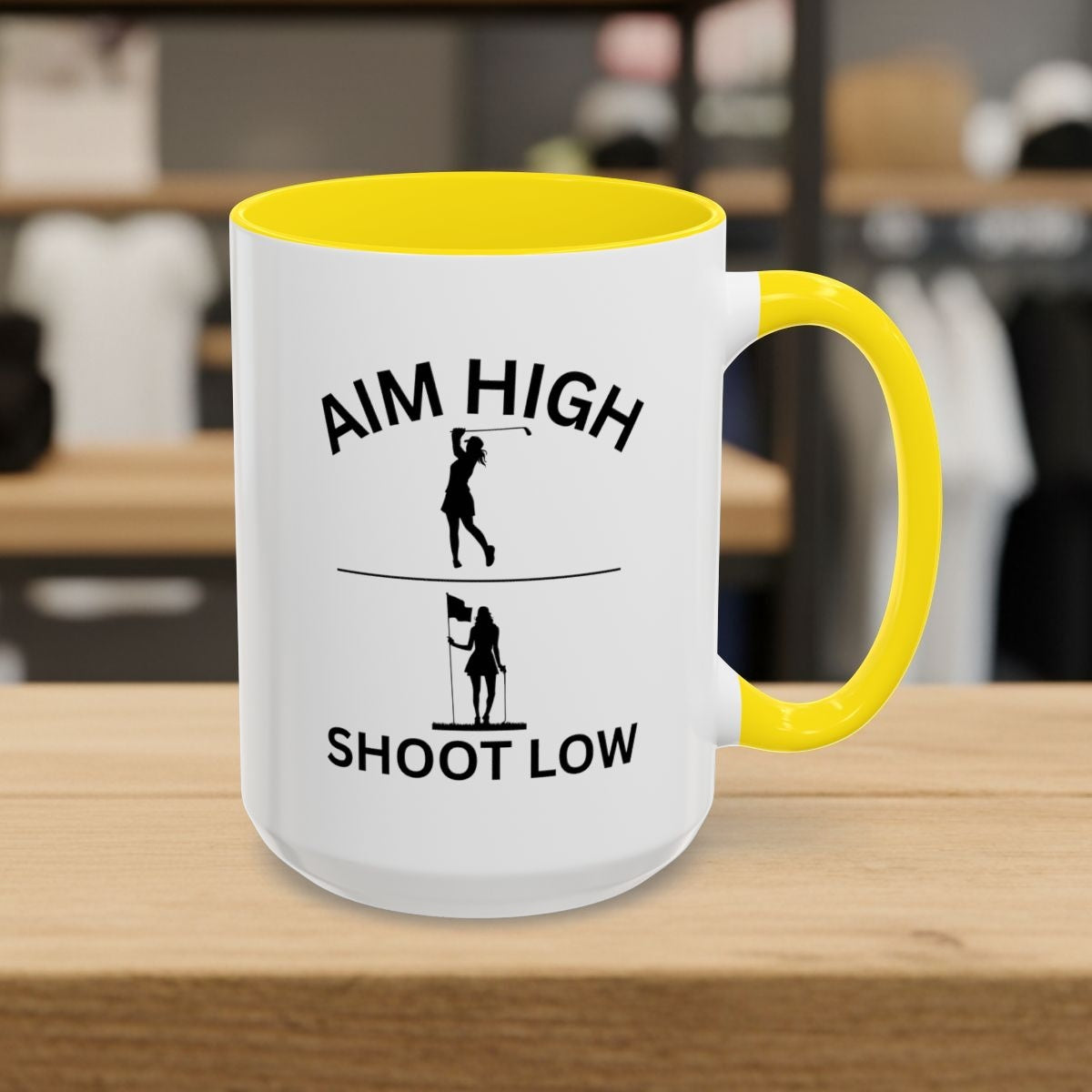 Aim High - Shoot Low (Female) - Golf Mug - 15oz in Yellow