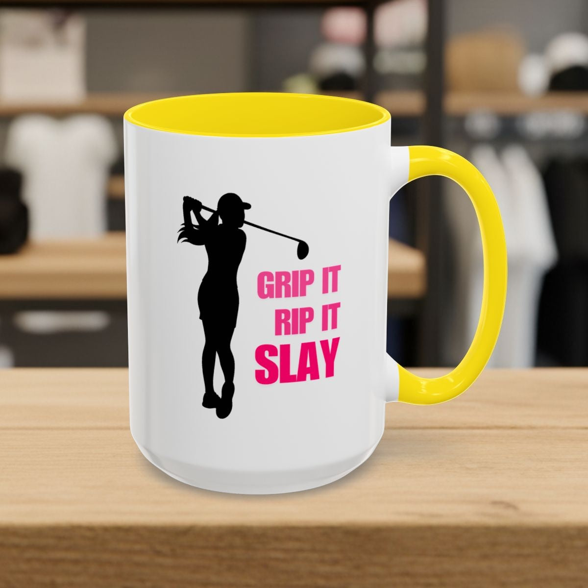 GRIP IT, RIP IT, SLAY (Female) - Golf Mug - 15oz in Yellow