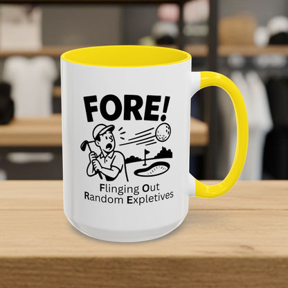 FORE! - Flinging Out Random Expletives! - Golf Mug - 15oz in Yellow