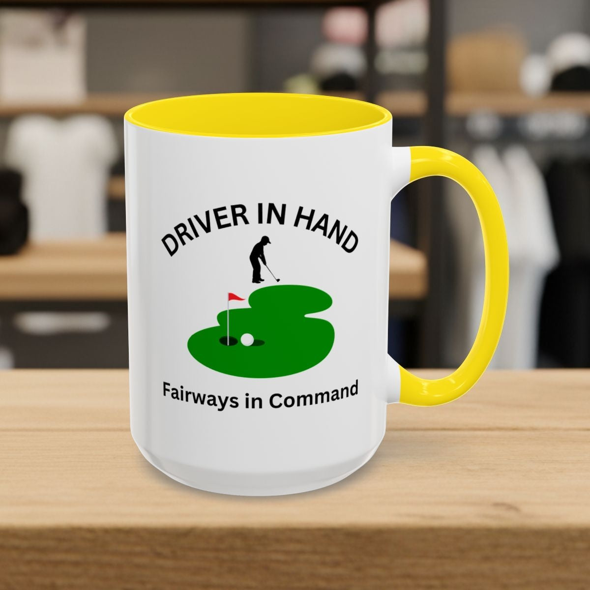 Driver in Hand - Fairways in Command (Male) - Golf Mug - 15oz in Yellow